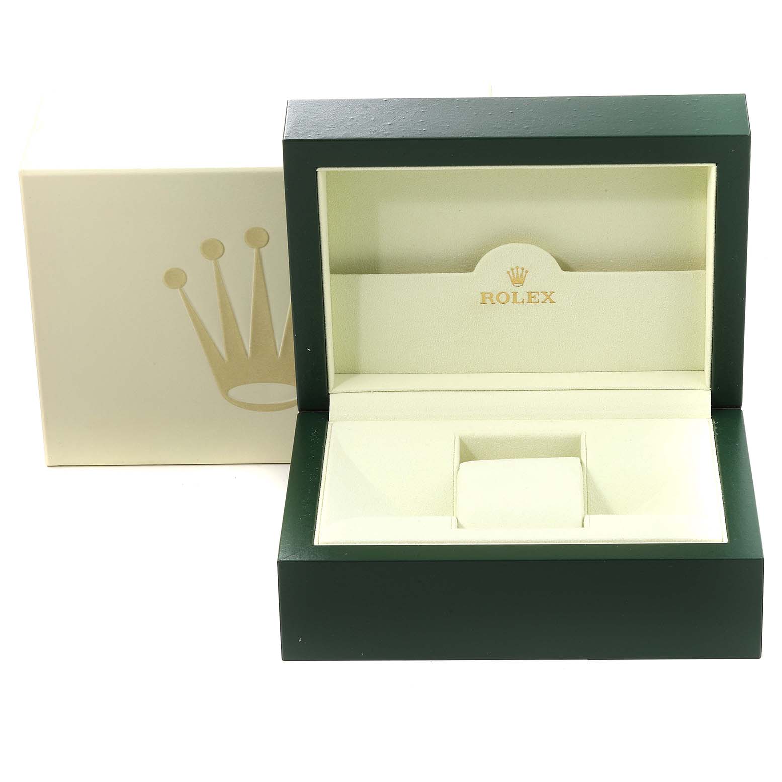 The image shows an open Rolex Oyster Perpetual 114300 Men
s Stainless Steel Blue Dial 114300 Men
s Stainless Steel Blue Dial watch box with its branded interior and an outer packaging box in the background.