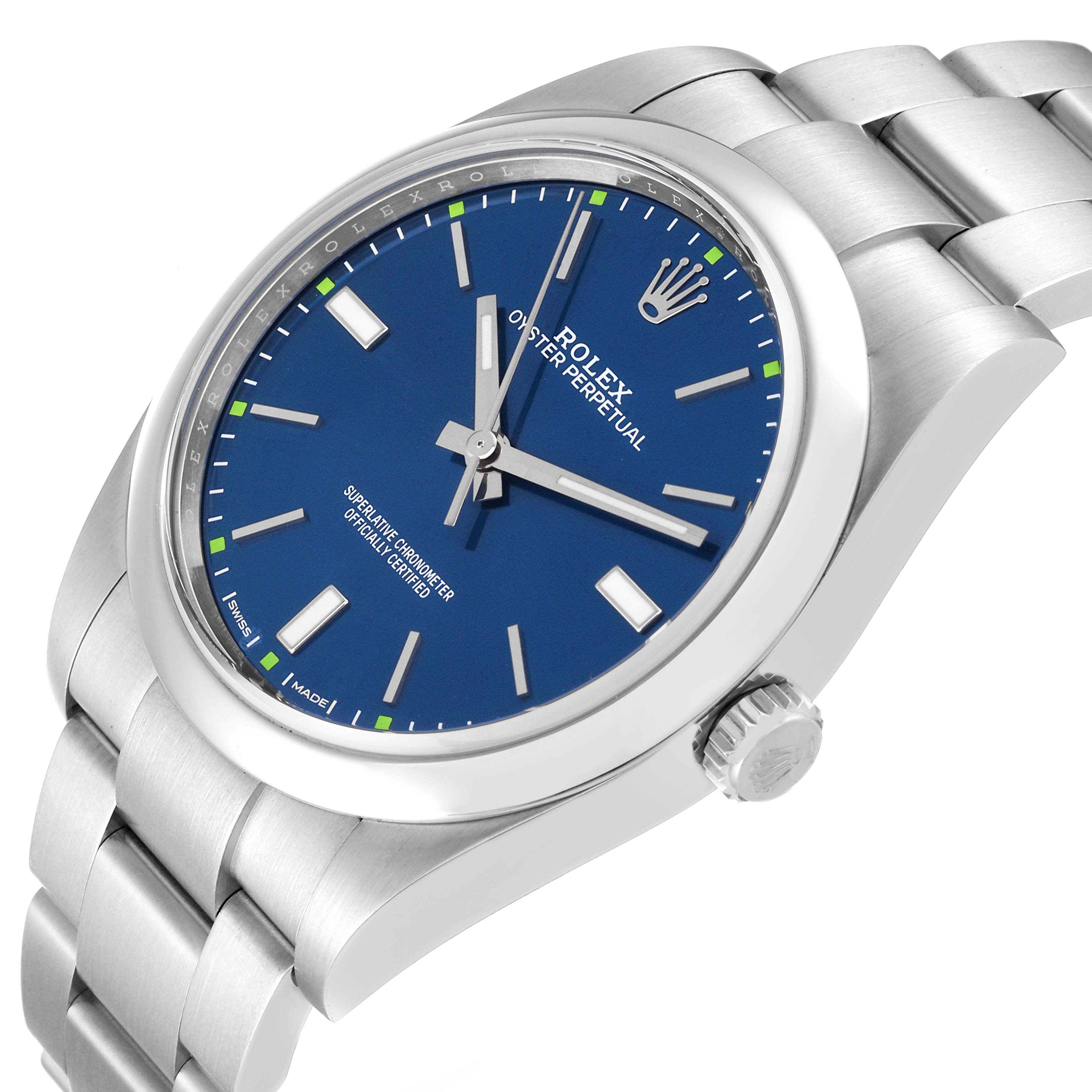 The image shows a Rolex Oyster Perpetual 114300 Men
s Stainless Steel Blue Dial 114300 Men
s Stainless Steel Blue Dial watch at an angled view, highlighting the blue dial, bracelet, and crown.