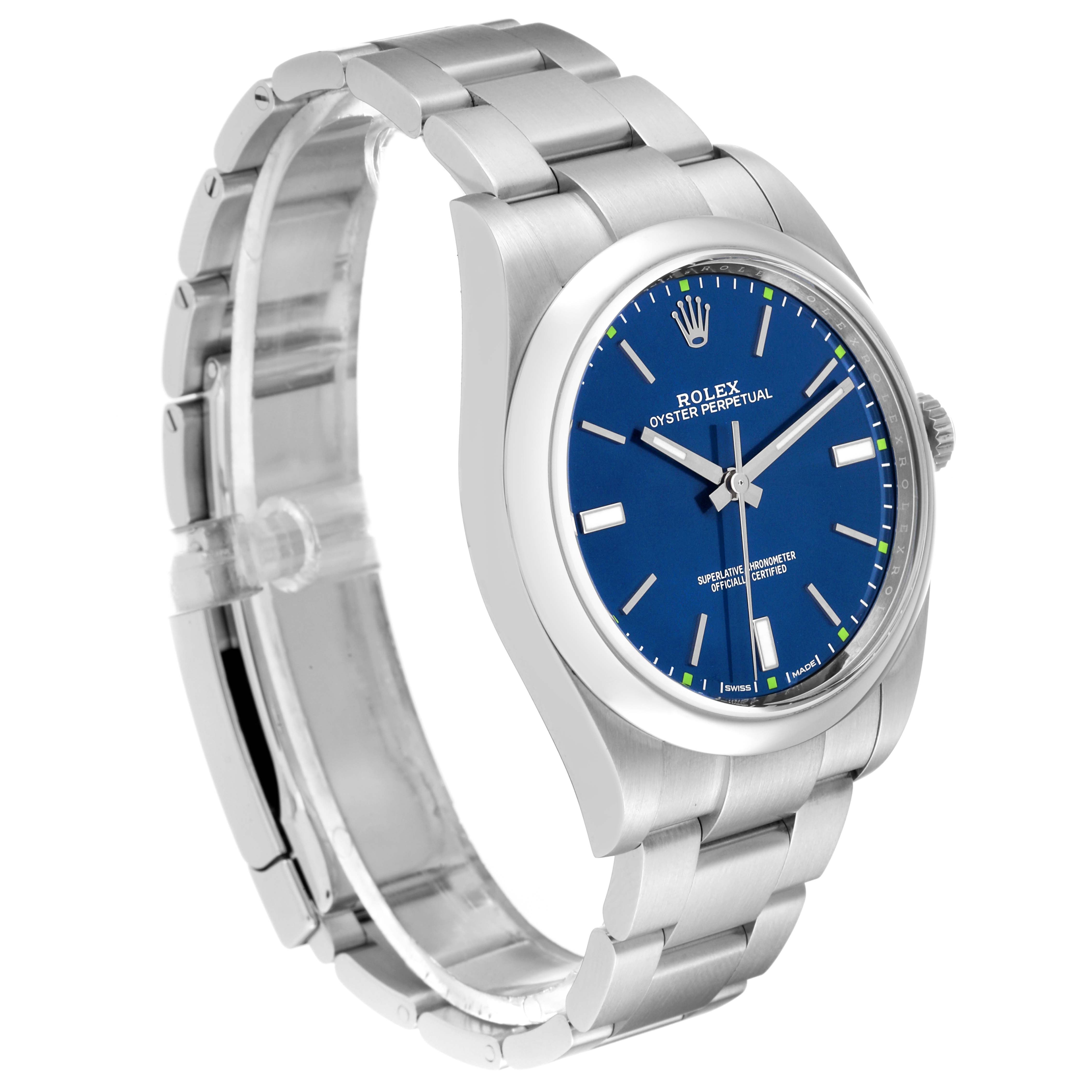 This image shows the Rolex Oyster Perpetual 114300 Men
s Stainless Steel Blue Dial 114300 Men
s Stainless Steel Blue Dial watch at a slight angle with its stainless steel bracelet and blue dial clearly visible.