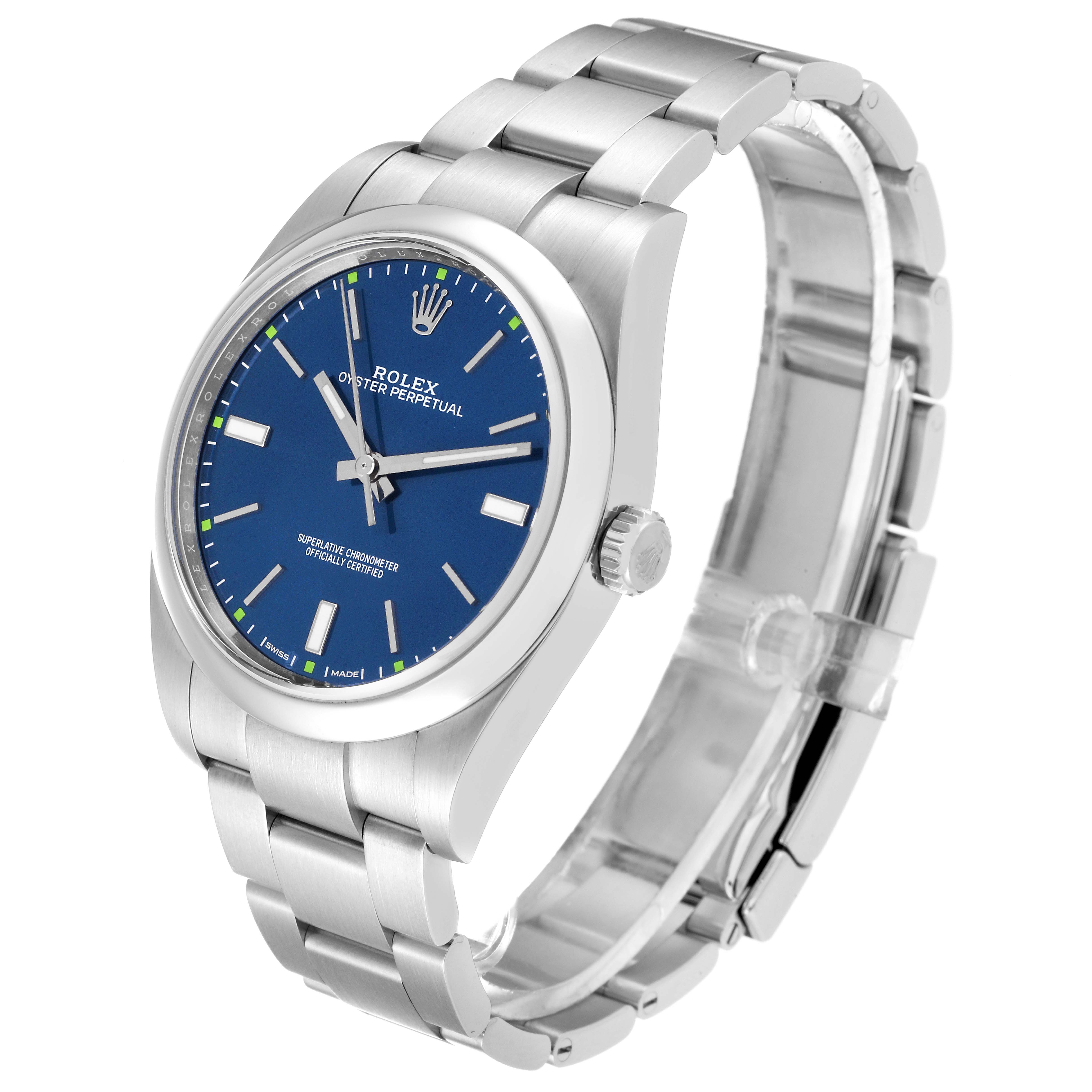The image shows a side-front angle of the Rolex Oyster Perpetual 114300 Men
s Stainless Steel Blue Dial 114300 Men
s Stainless Steel Blue Dial watch, highlighting its blue dial and metal bracelet.
