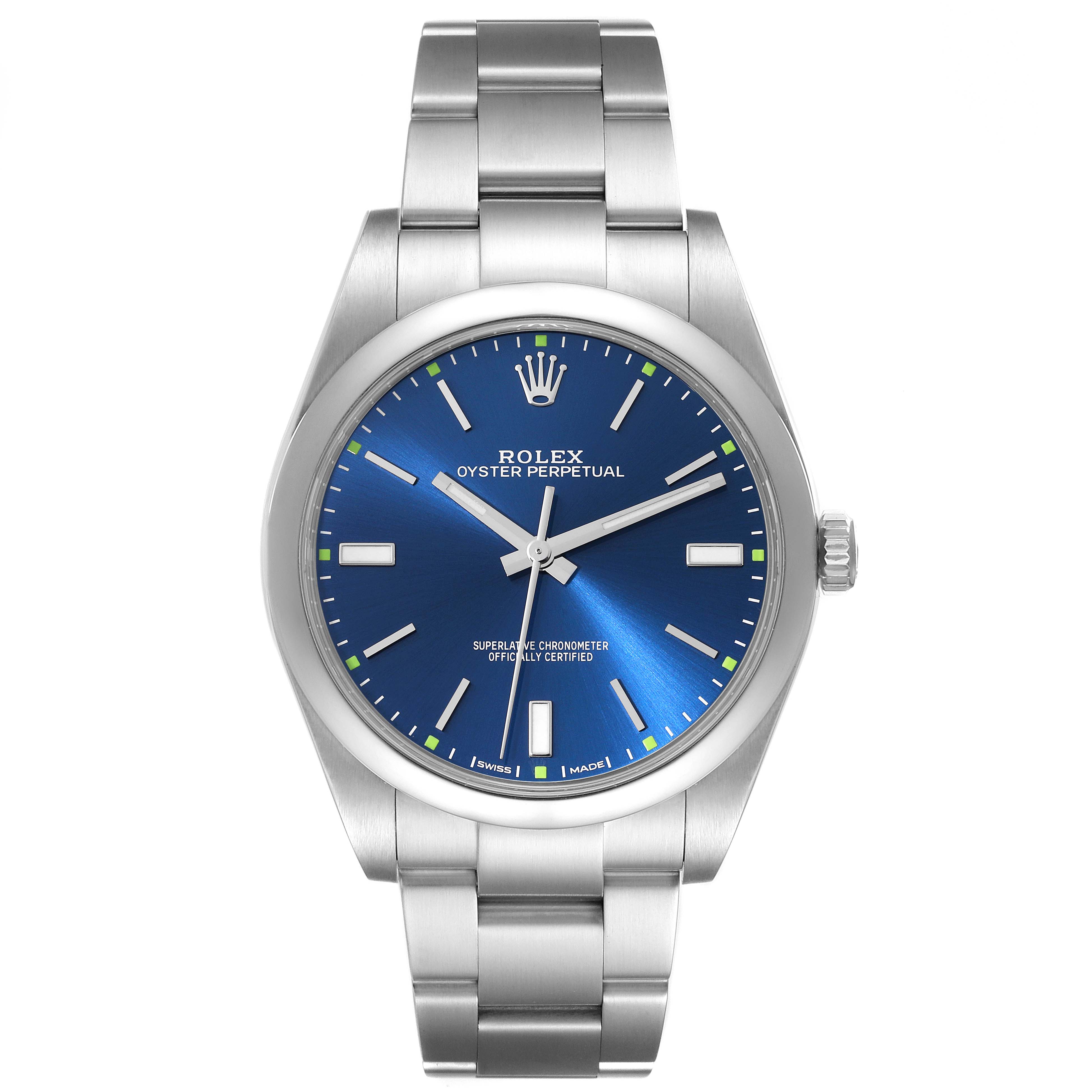 This image shows a front view of a Rolex Oyster Perpetual 114300 Men
s Stainless Steel Blue Dial 114300 Men
s Stainless Steel Blue Dial watch with a blue dial and stainless steel bracelet.