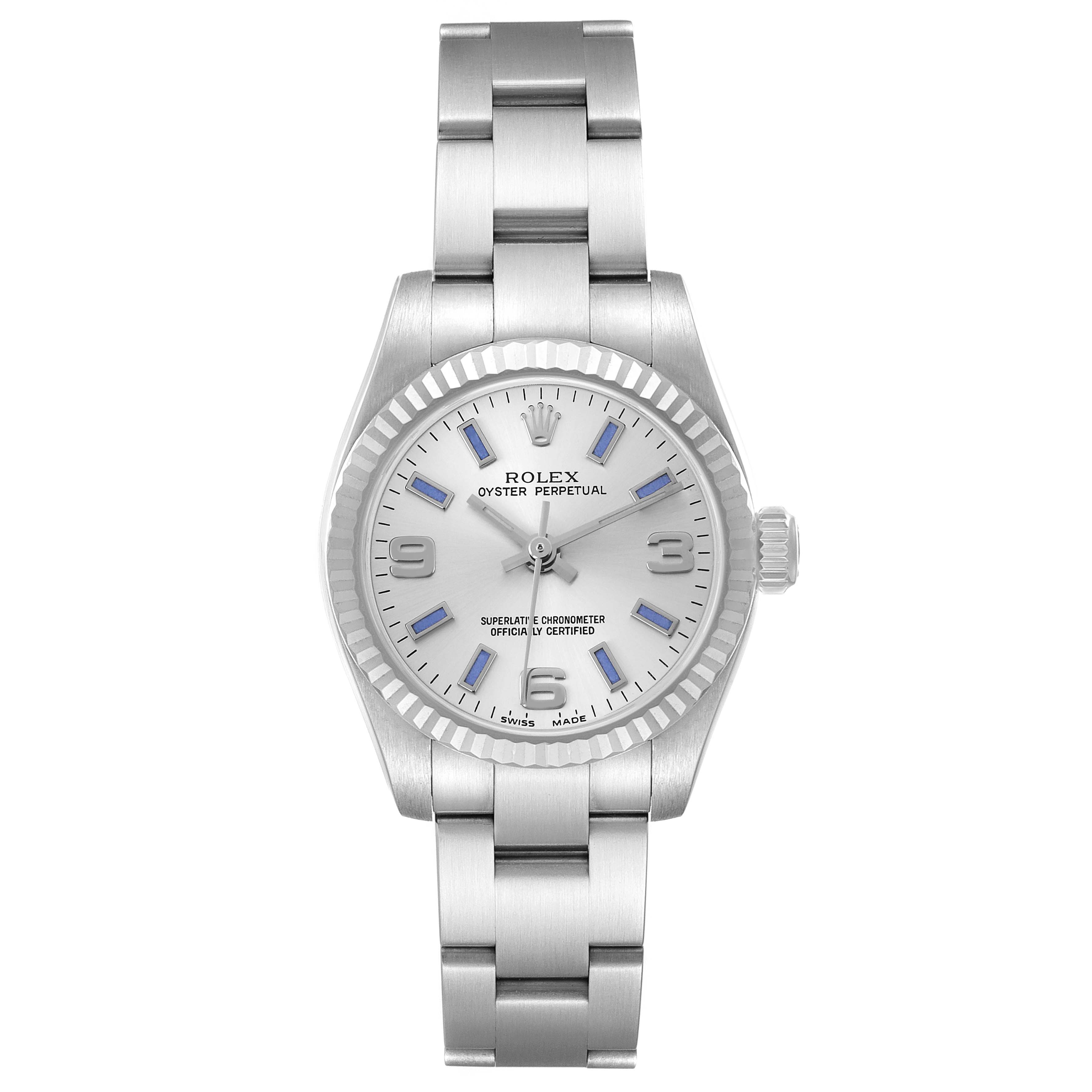 The Rolex Oyster Perpetual 176234 Women
s Stainless Steel Silver Dial watch is shown from the front, highlighting the dial, hands, bezel, and bracelet.