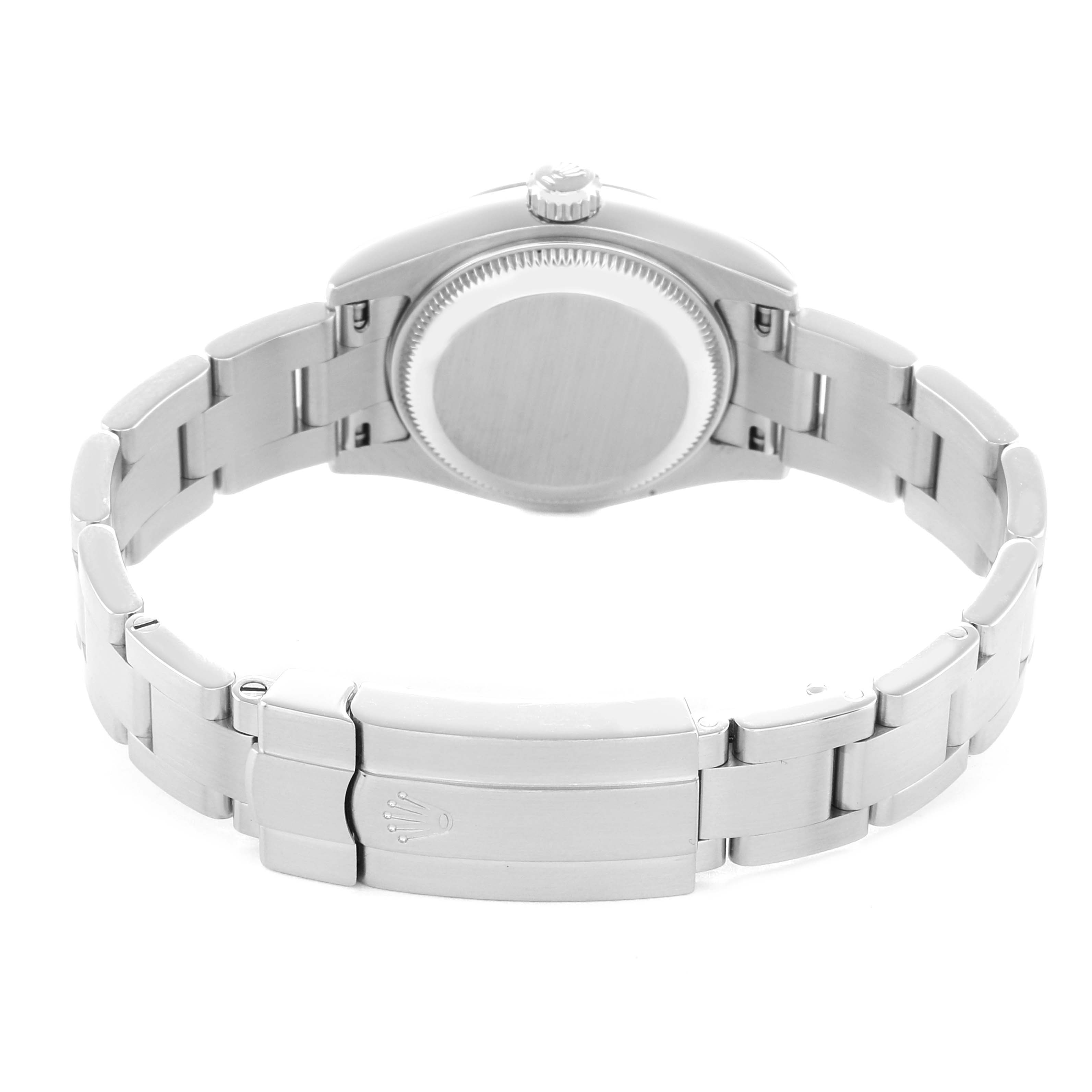 The Rolex Oyster Perpetual 176234 Women
s Stainless Steel Silver Dial watch is shown from the back, highlighting the clasp, bracelet, and case back.