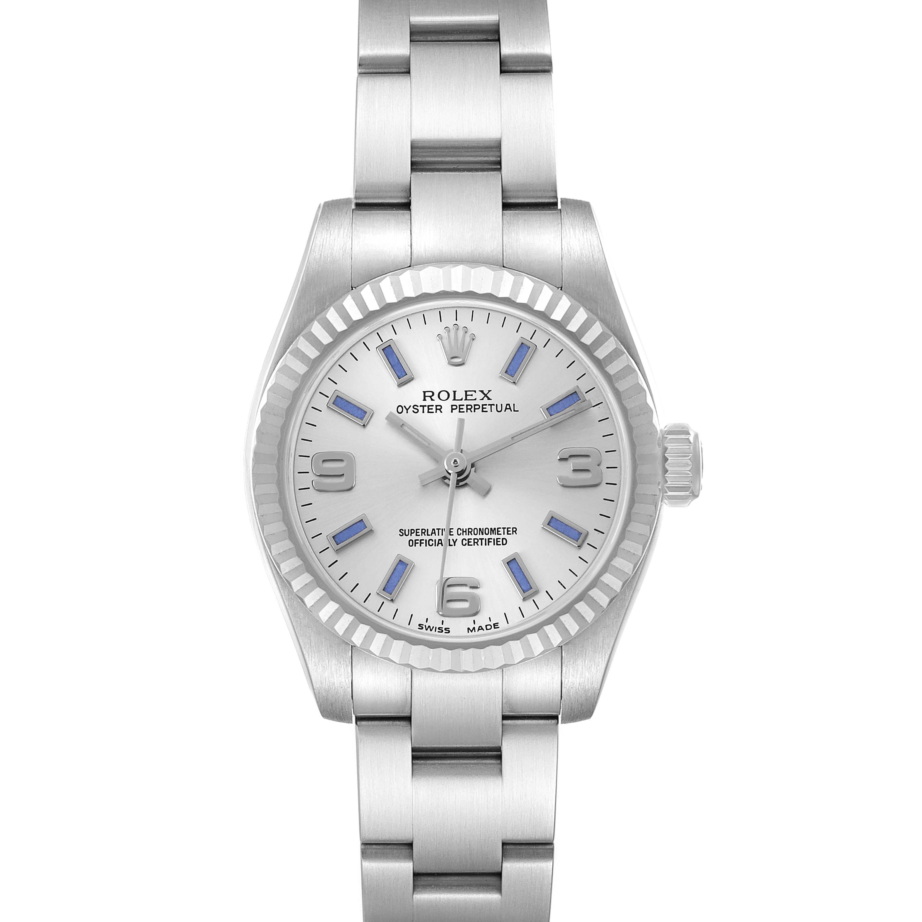 The Rolex Oyster Perpetual 176234 Women
s Stainless Steel Silver Dial is shown from a front angle, displaying the watch face, bezel, and bracelet.