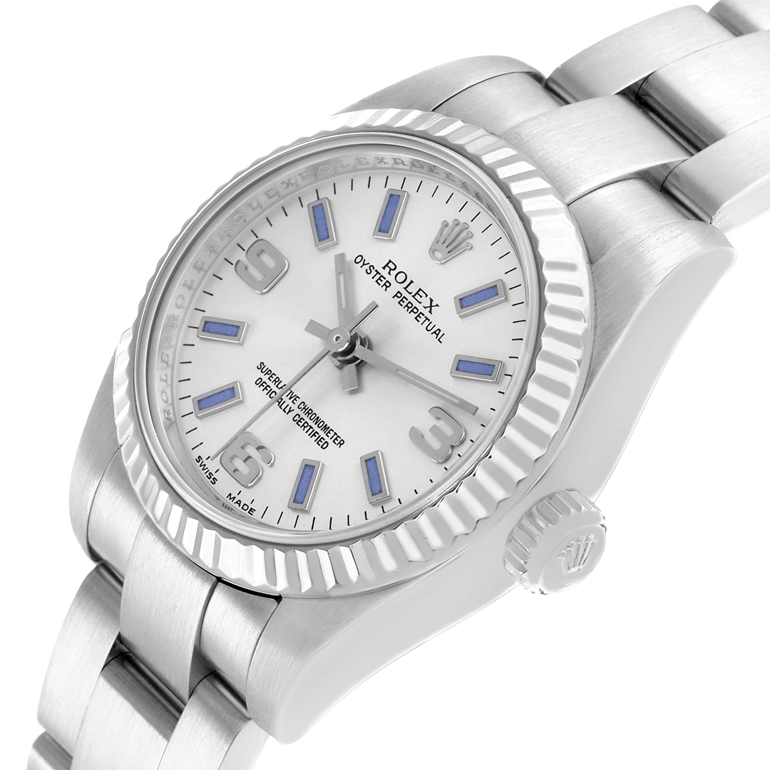 The Rolex Oyster Perpetual 176234 Women
s Stainless Steel Silver Dial watch is shown at an oblique angle, highlighting the dial, bezel, crown, and part of the bracelet.