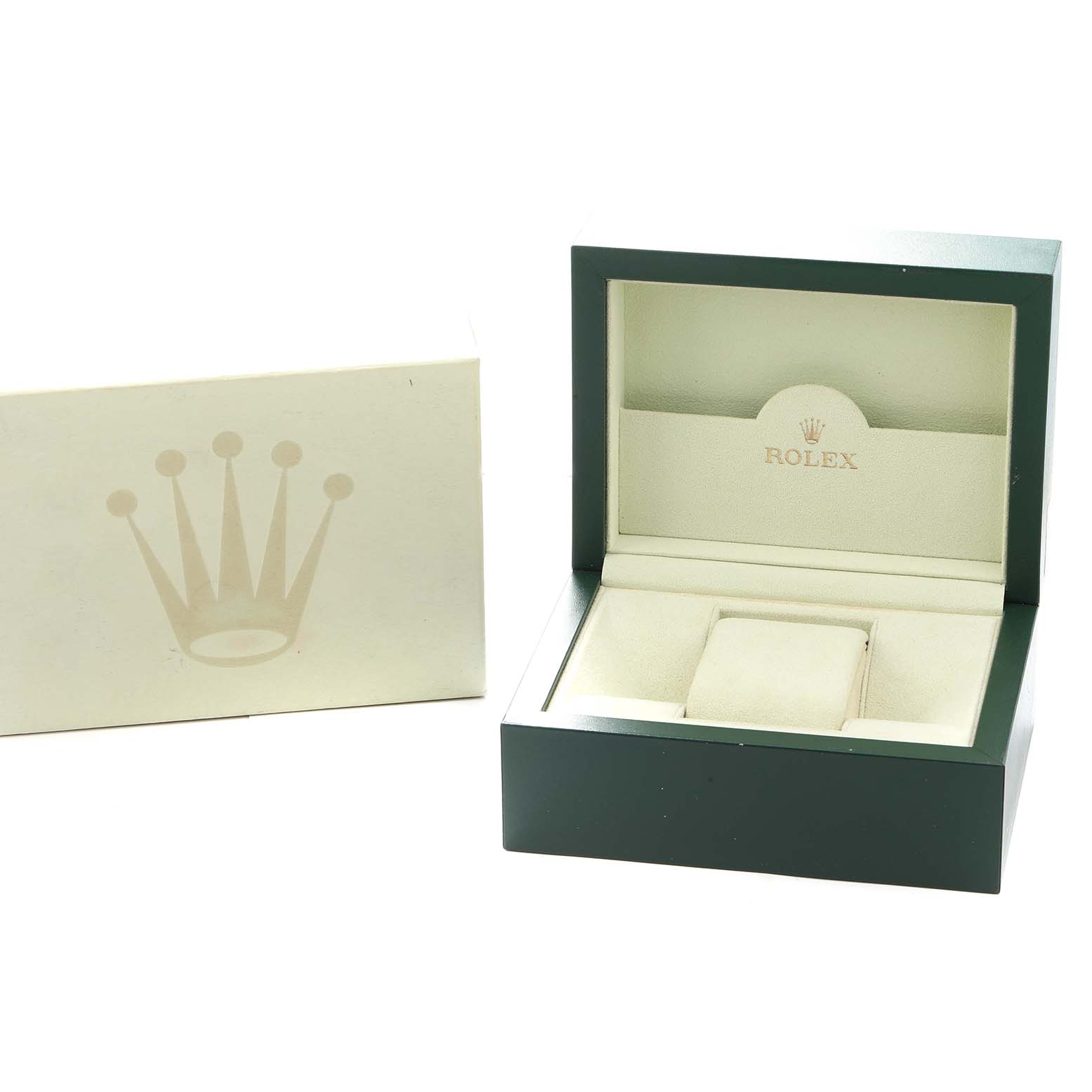 The image shows a Rolex Oyster Perpetual 176234 Women
s Stainless Steel Silver Dial watch box and an outer box, displayed at an angle emphasizing the interior cushion.