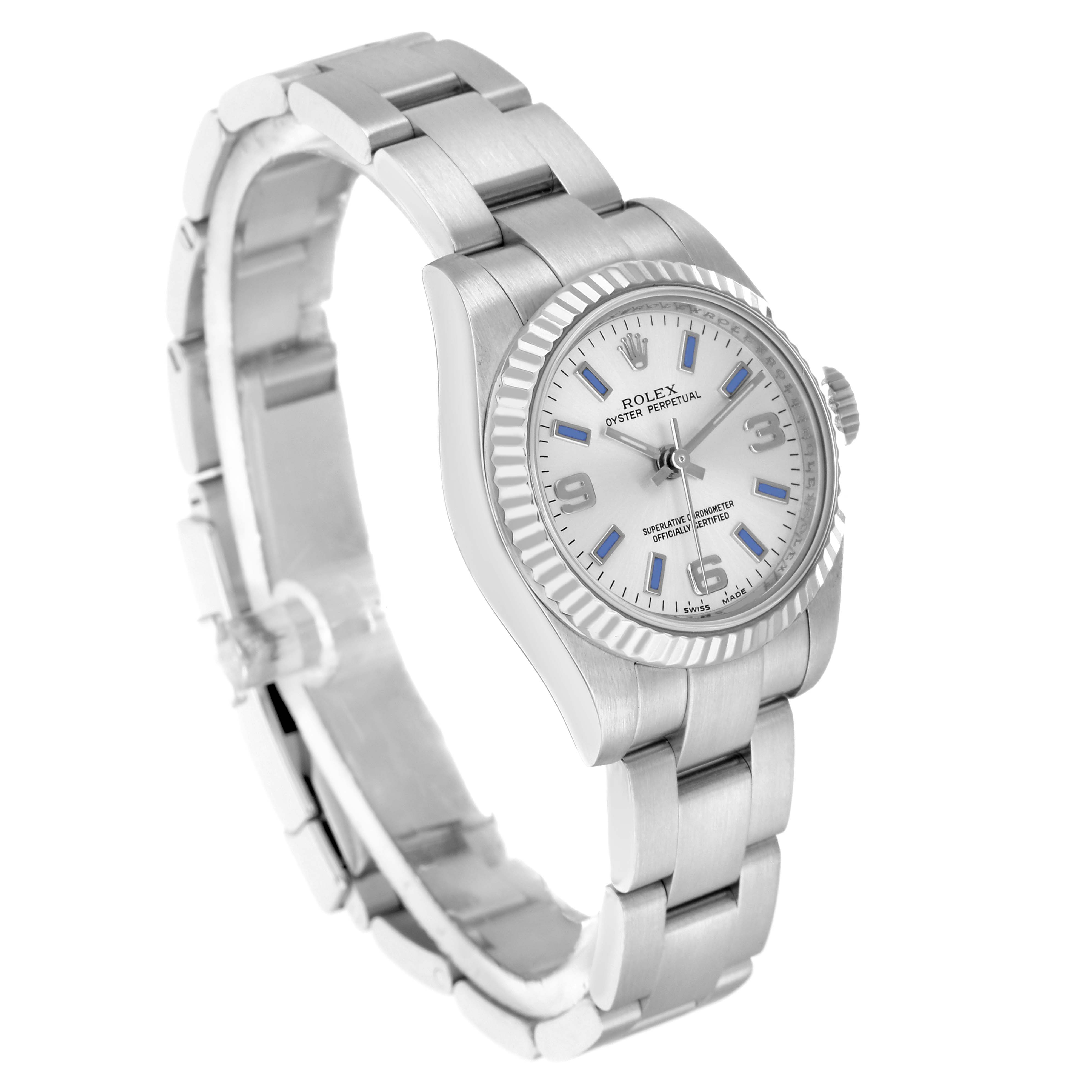The Rolex Oyster Perpetual 176234 Women
s Stainless Steel Silver Dial watch is shown at a slight angle, highlighting the face, bezel, crown, and bracelet.