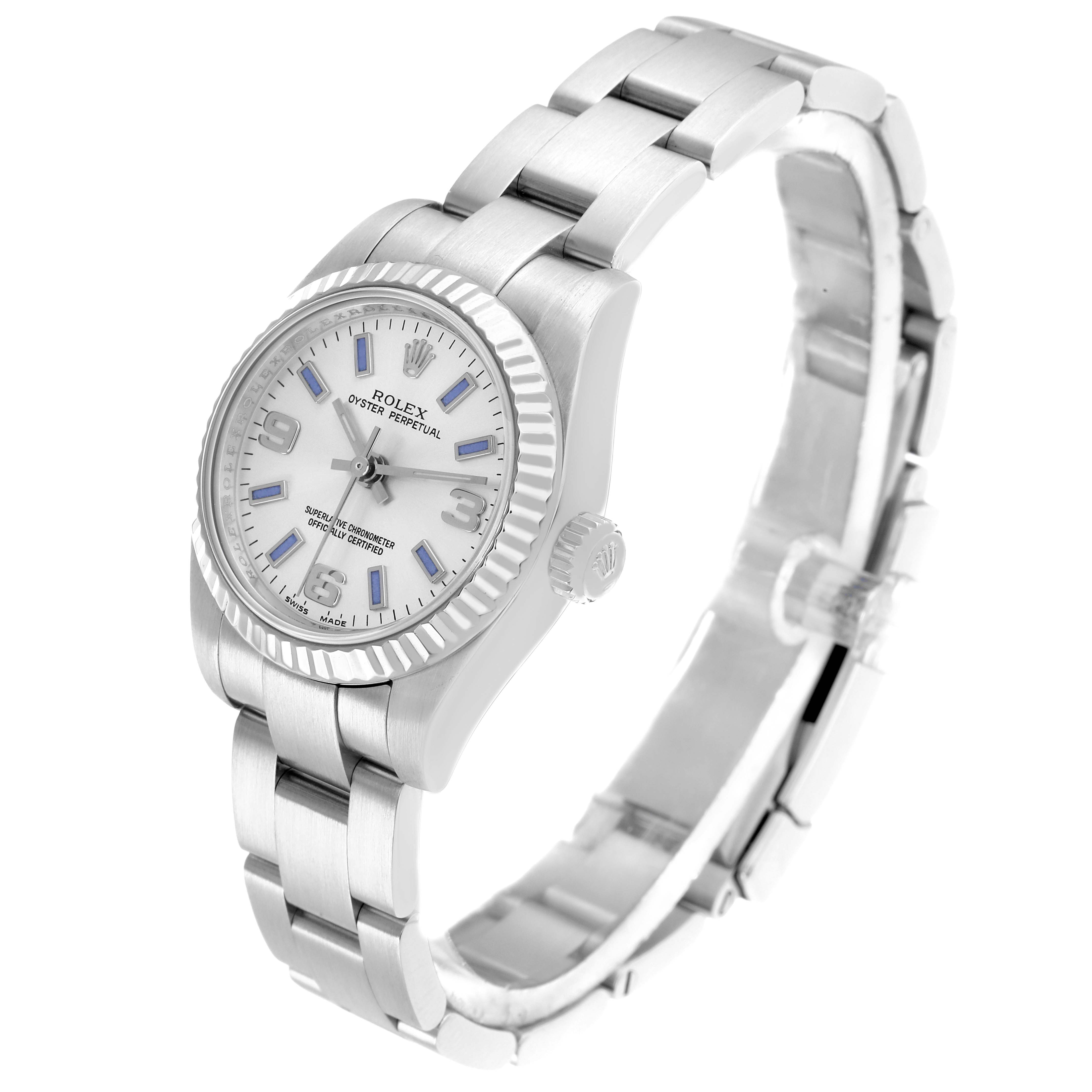 The Rolex Oyster Perpetual 176234 Women
s Stainless Steel Silver Dial watch is shown at a three-quarter angle, highlighting the face, bezel, and bracelet.
