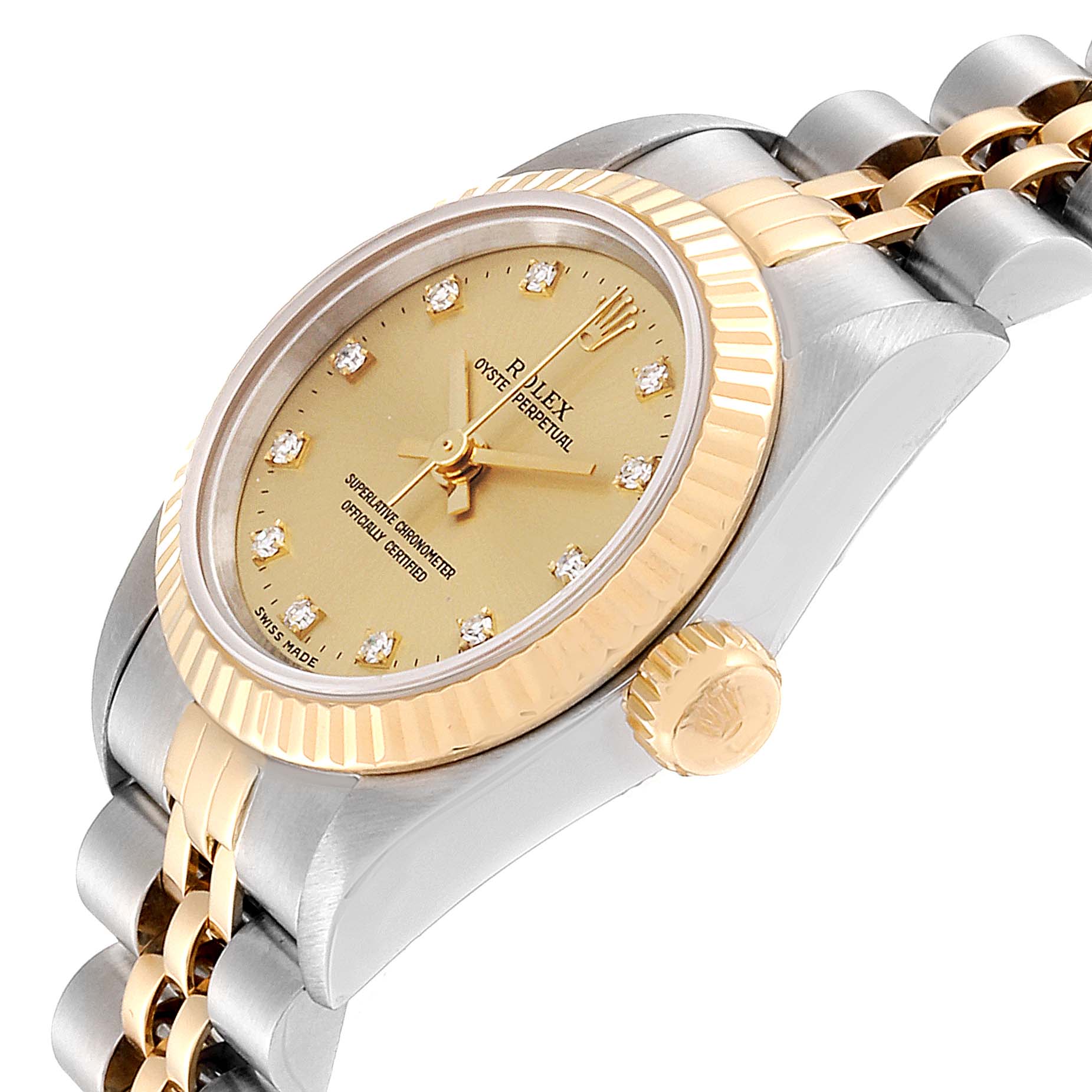 This image shows a side angle view of a Rolex Oyster Perpetual 67193 Women
s Steel and Gold (two tone) Champagne Dial 67193 Women
s Steel and Gold (two tone) Champagne Dial watch featuring its case, dial, bezel, bracelet, and crown.