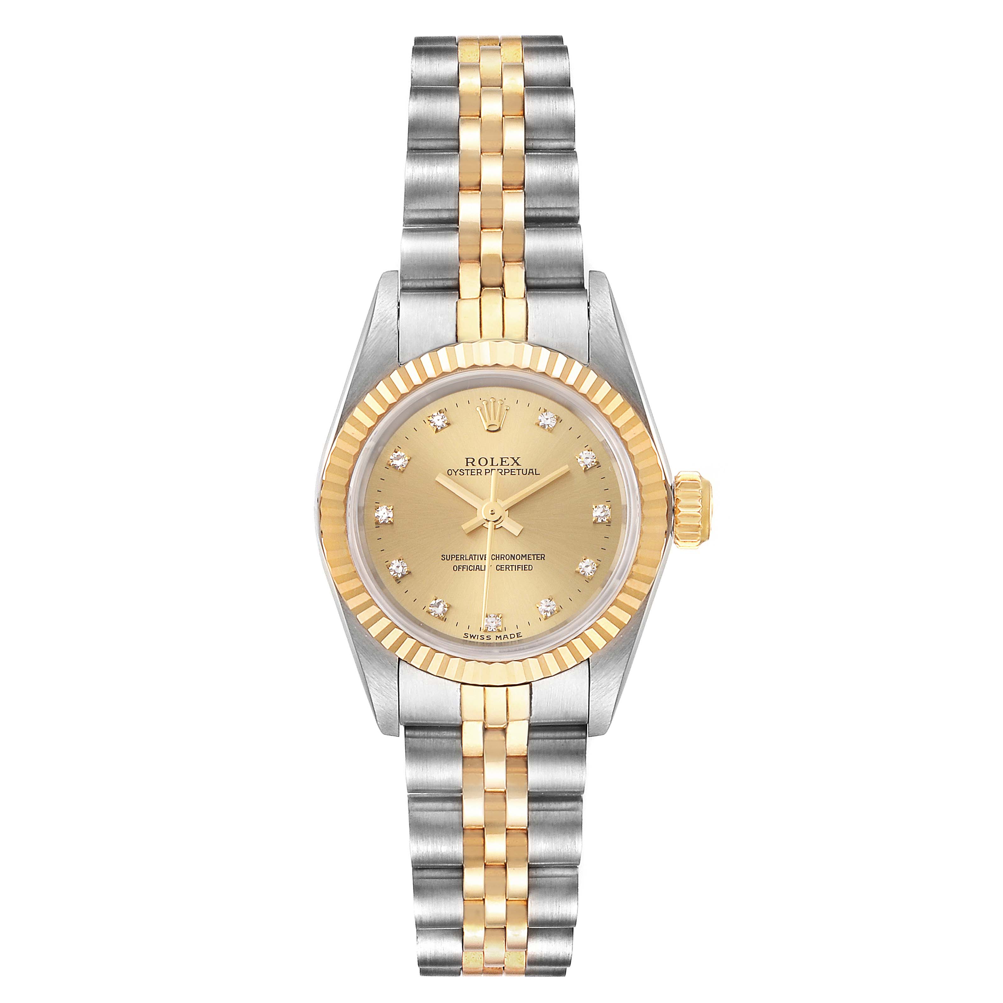 This image shows a front view of a Rolex Oyster Perpetual 67193 Women
s Steel and Gold (two tone) Champagne Dial 67193 Women
s Steel and Gold (two tone) Champagne Dial watch with a two-tone band and a gold dial.