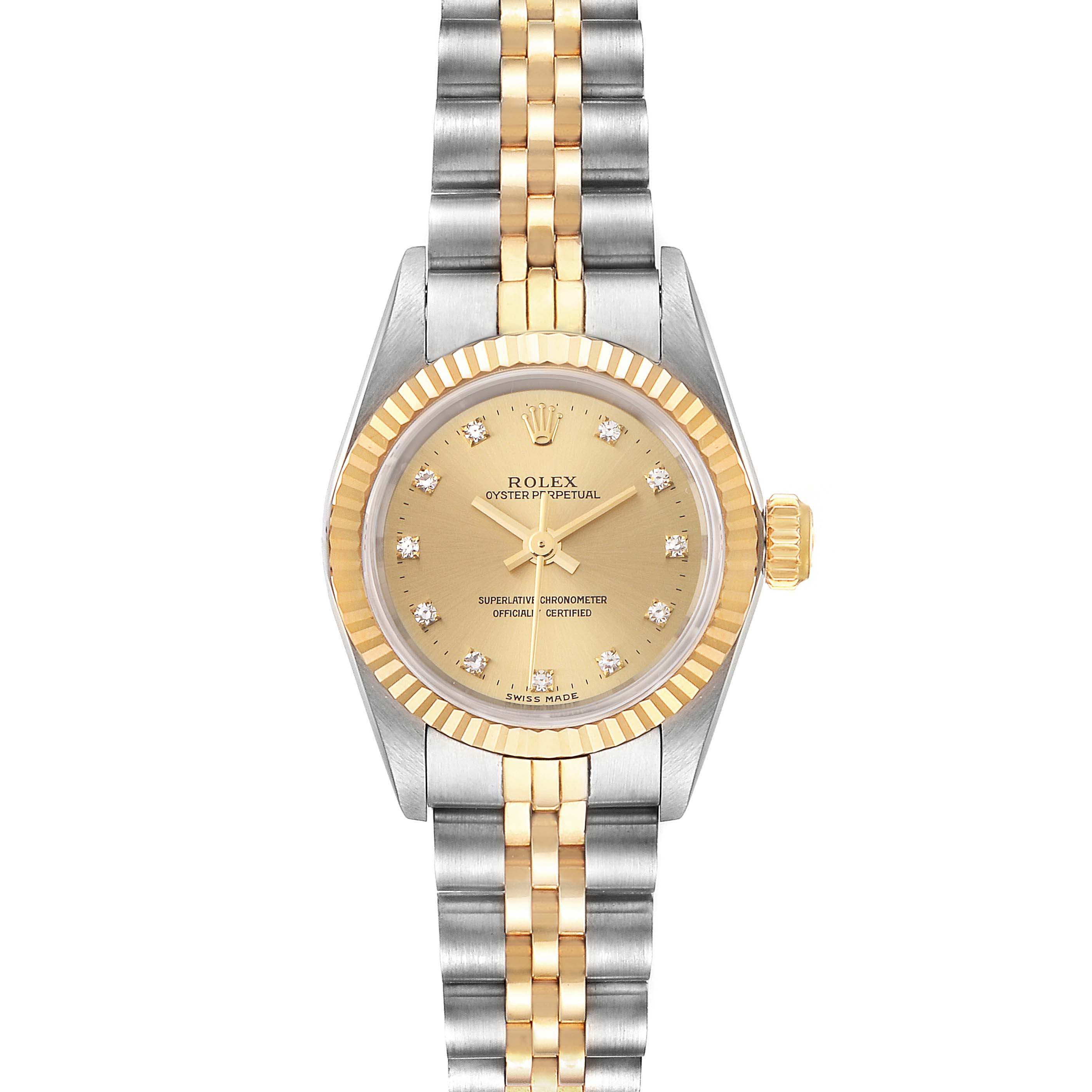 The image shows a front view of a Rolex Oyster Perpetual 67193 Women
s Steel and Gold (two tone) Champagne Dial 67193 Women
s Steel and Gold (two tone) Champagne Dial watch highlighting the dial, bezel, and two-tone bracelet.