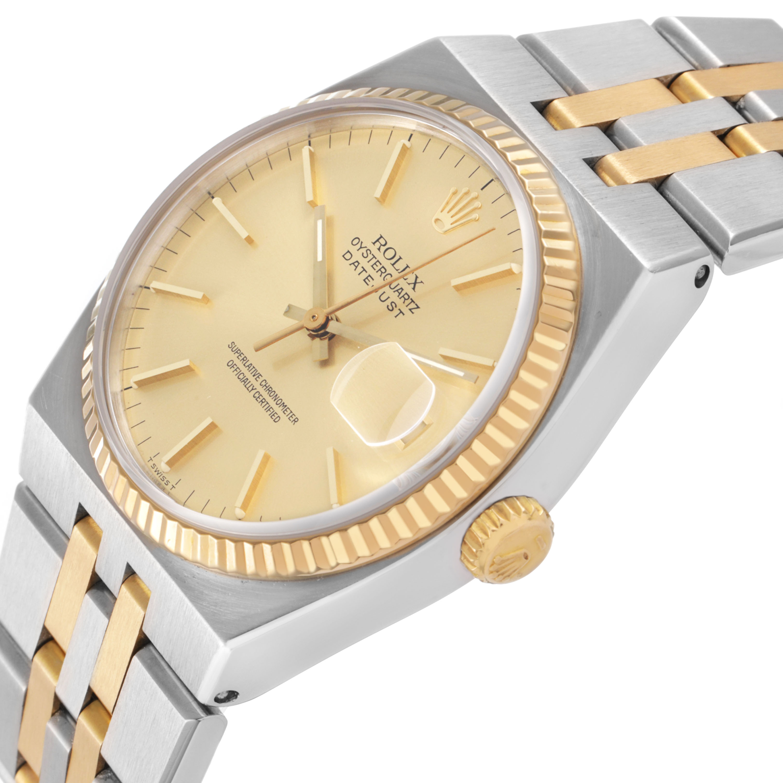The Rolex Date 17013 Men's Steel and Gold (two tone) Champagne Dial watch is shown at an angled view, highlighting the dial, bezel, crown, and bracelet.