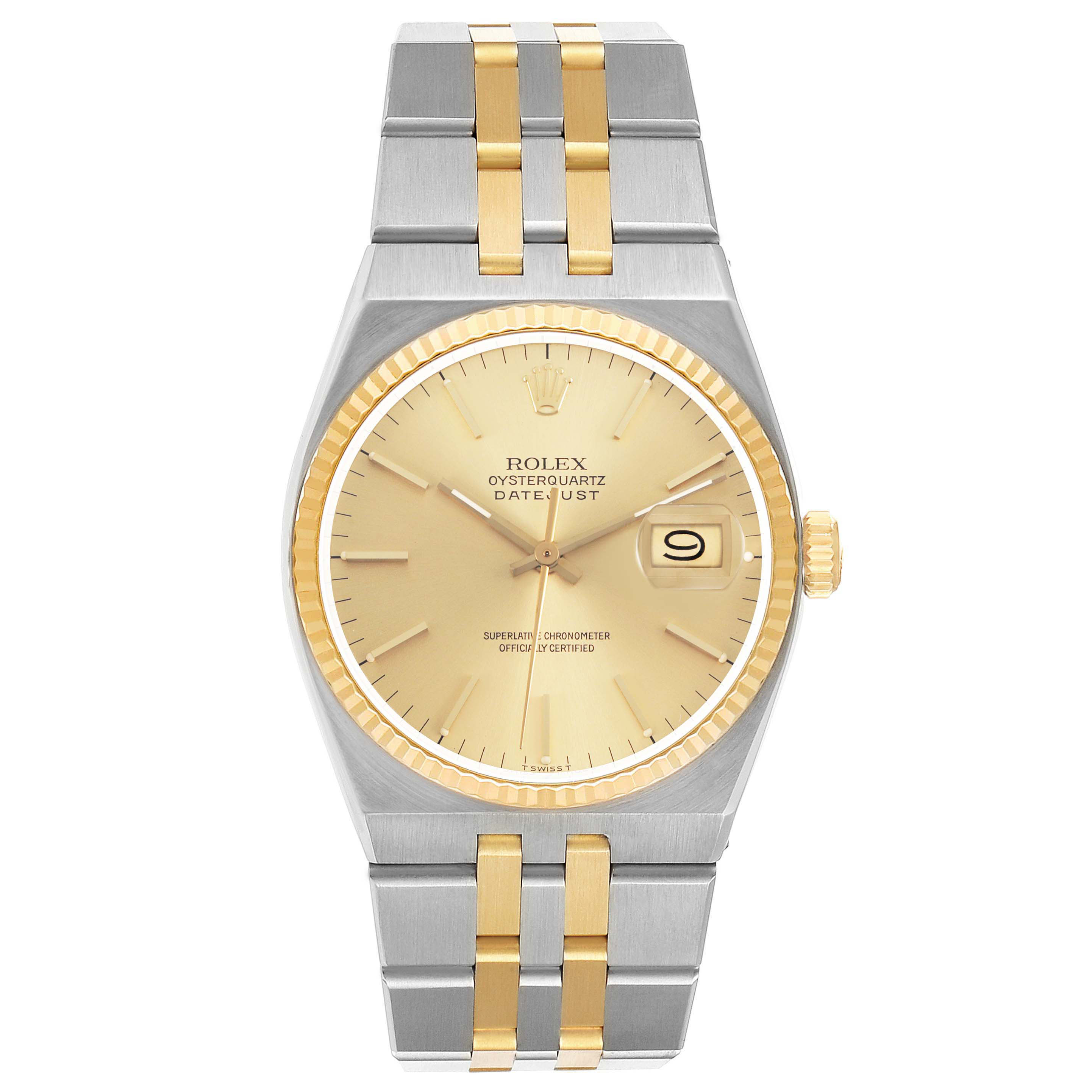 The Rolex Date 17013 Men's Steel and Gold (two tone) Champagne Dial model watch is shown from a top-down angle, displaying the dial, bezel, and bracelet.