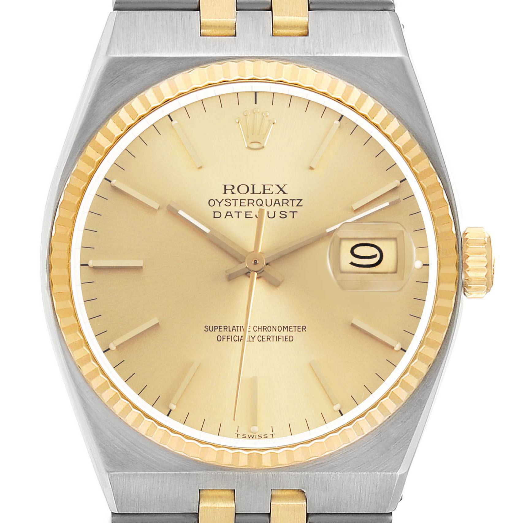 The Rolex Date 17013 Men's Steel and Gold (two tone) Champagne Dialjust Oysterquartz watch is shown from a front angle highlighting the dial, bezel, and partial bracelet.