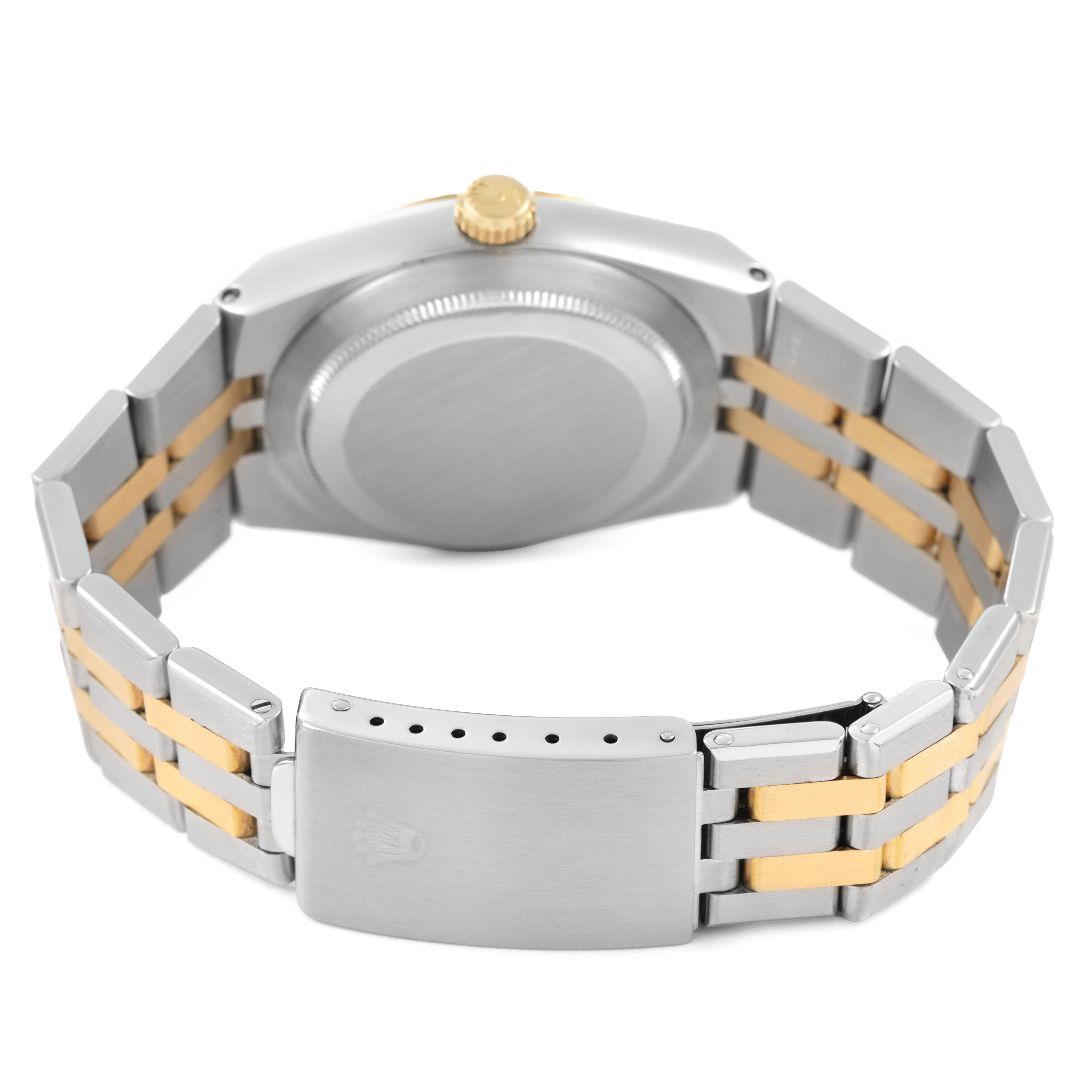 The image shows the back and clasp of the Rolex Date 17013 Men's Steel and Gold (two tone) Champagne Dial watch, highlighting its bracelet and case back.