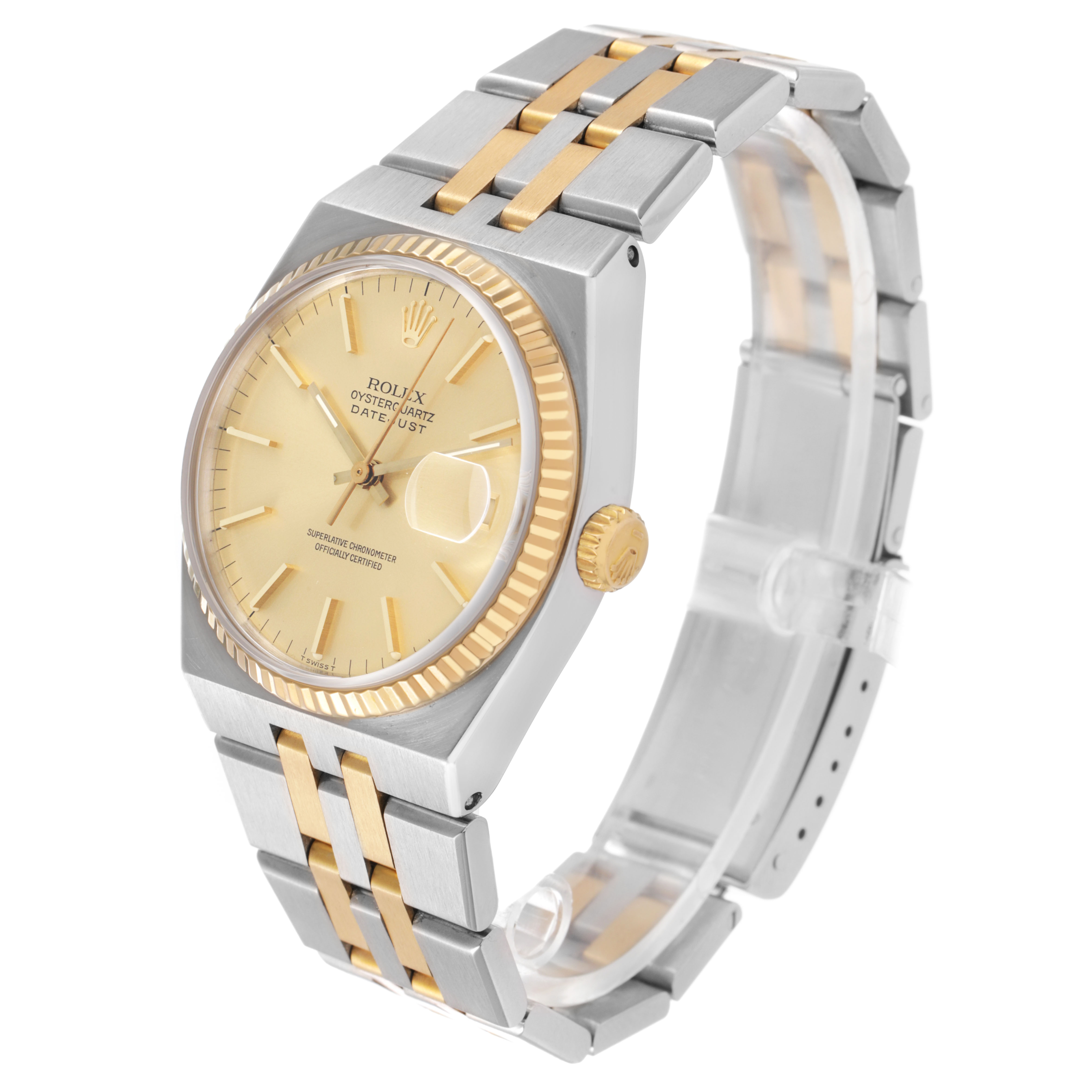 The Rolex Date 17013 Men's Steel and Gold (two tone) Champagne Dial model is shown at a three-quarter angle, highlighting its face, bezel, bracelet, and crown.