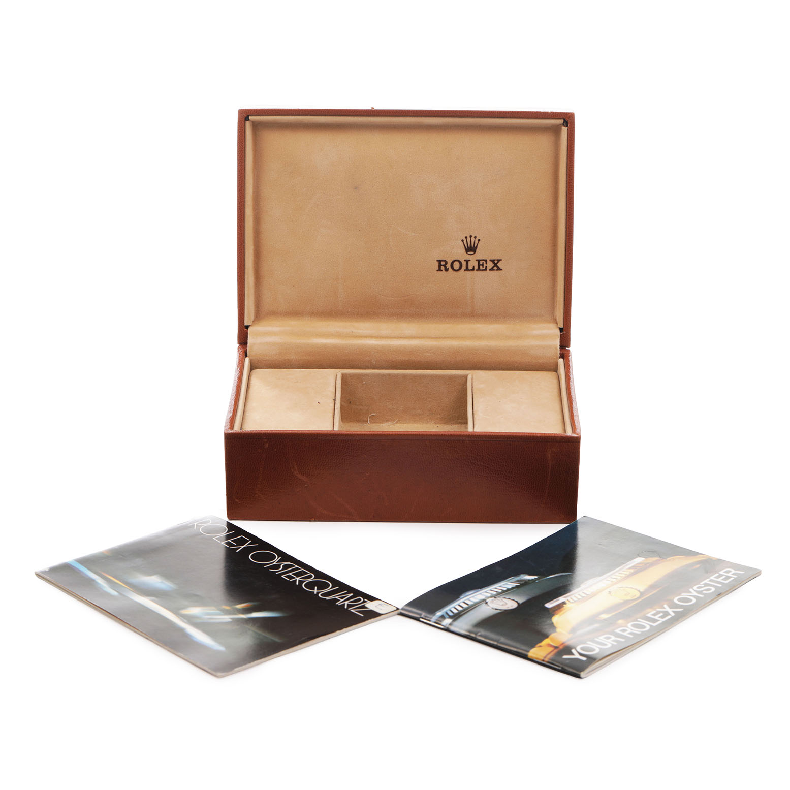 The image shows an open Rolex Date 17013 Men's Steel and Gold (two tone) Champagne Dial model watch box with two manuals placed in front.