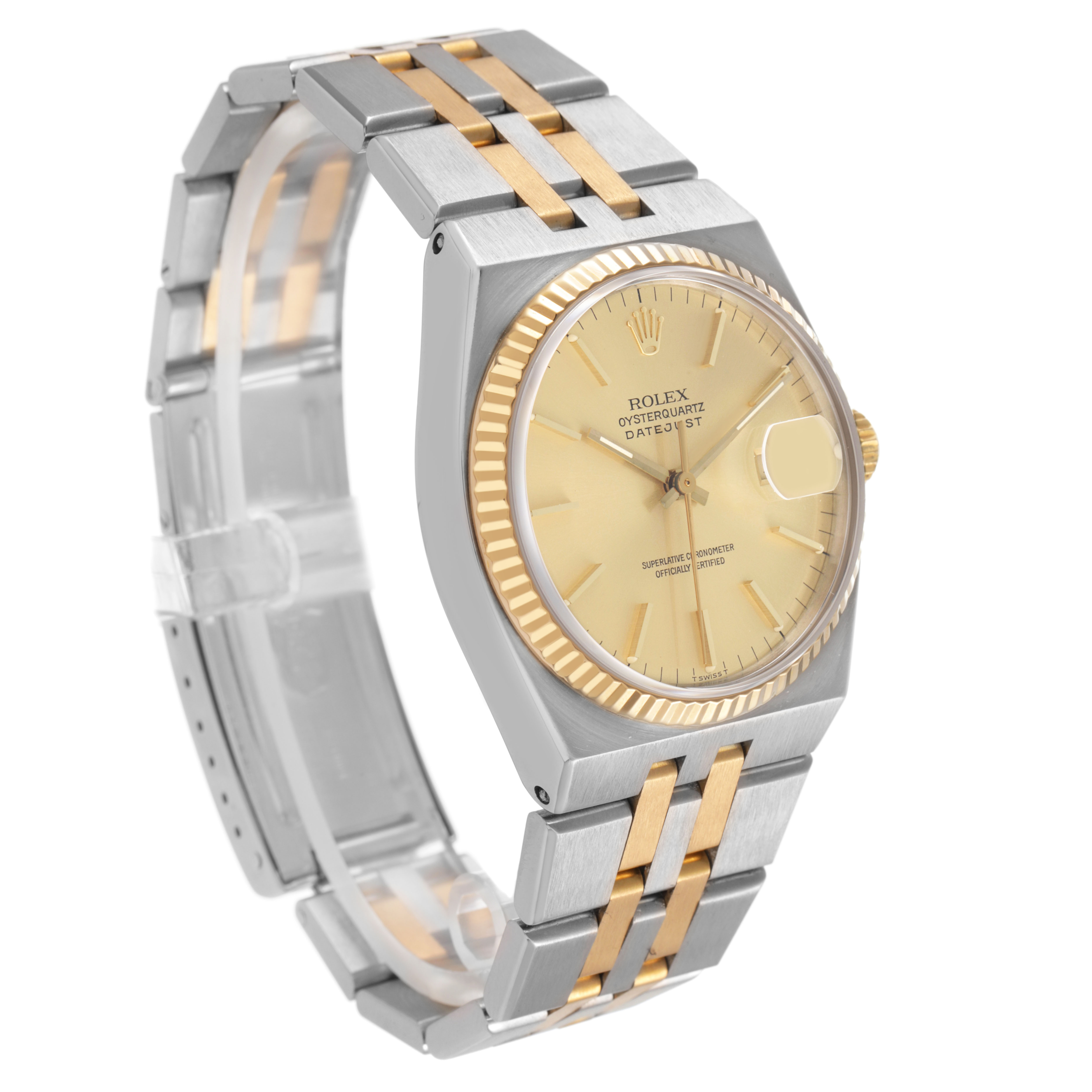 The watch appears at a three-quarter angle, showing the face, bezel, and two-tone bracelet of the Rolex Date 17013 Men's Steel and Gold (two tone) Champagne Dial model.