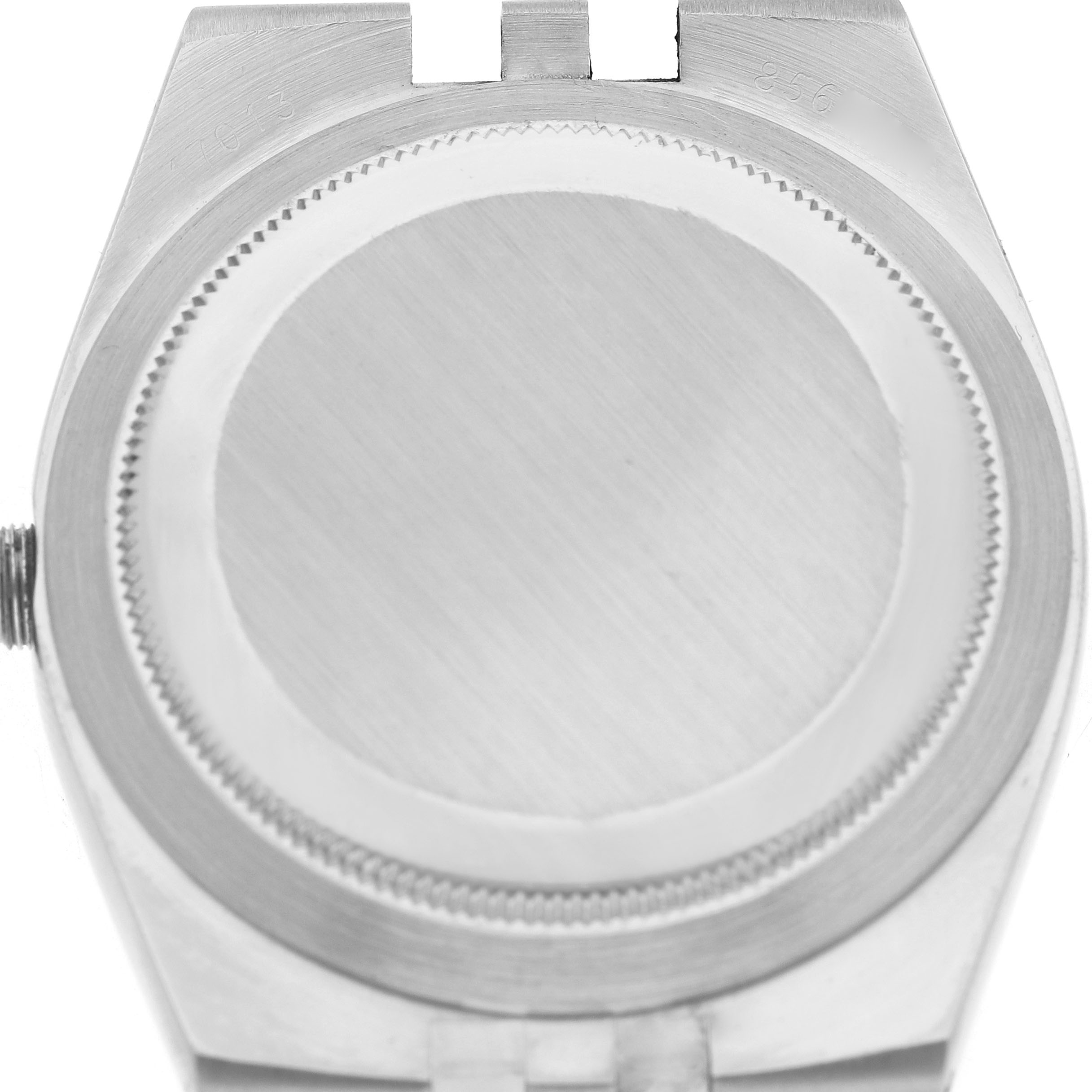 The image shows the case back of a Rolex Date 17013 Men's Steel and Gold (two tone) Champagne Dial model watch from a rear angle.
