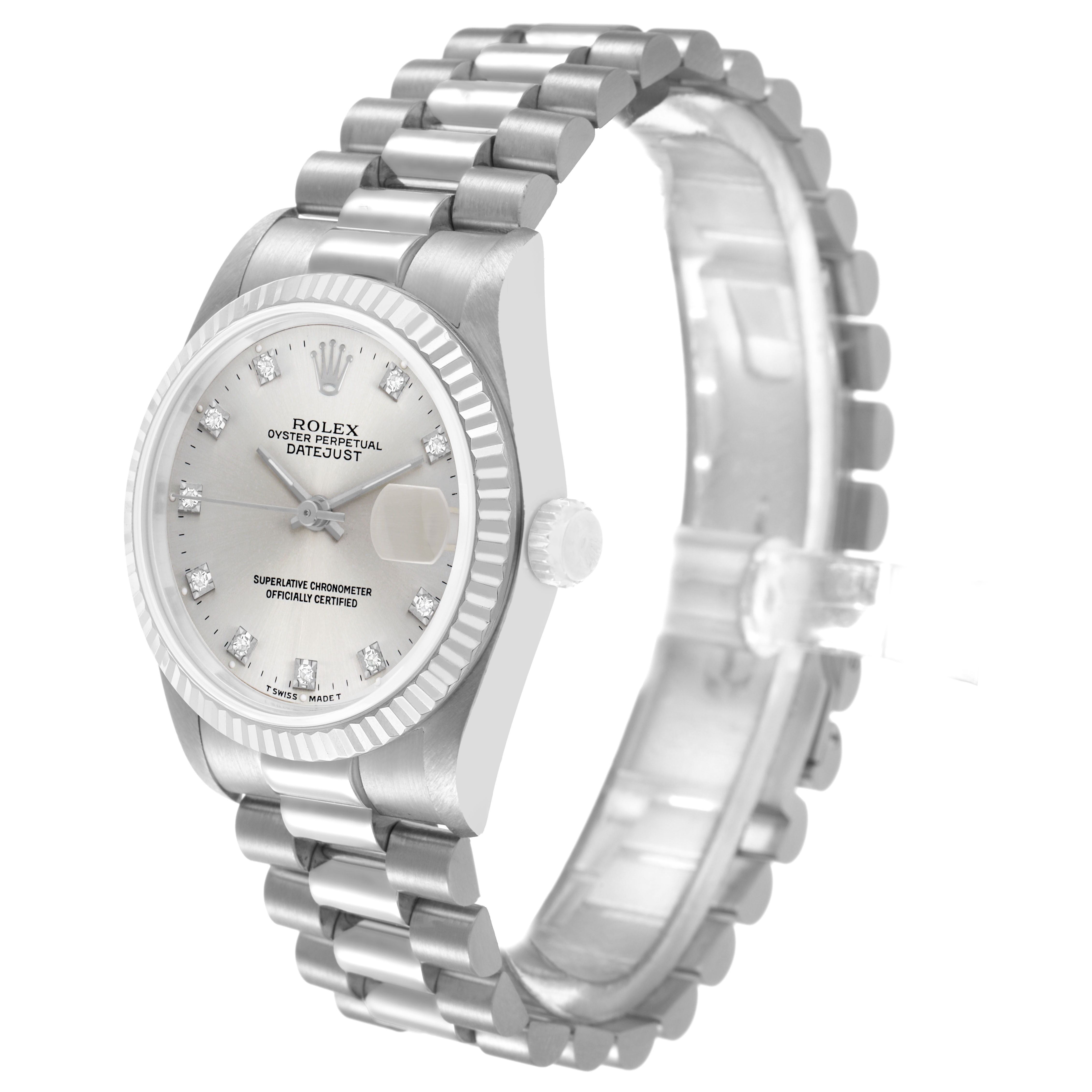 The Rolex President 68279 Women's White Gold Silver Dial model is shown at an angled profile, displaying the dial, bracelet, and side of the case.
