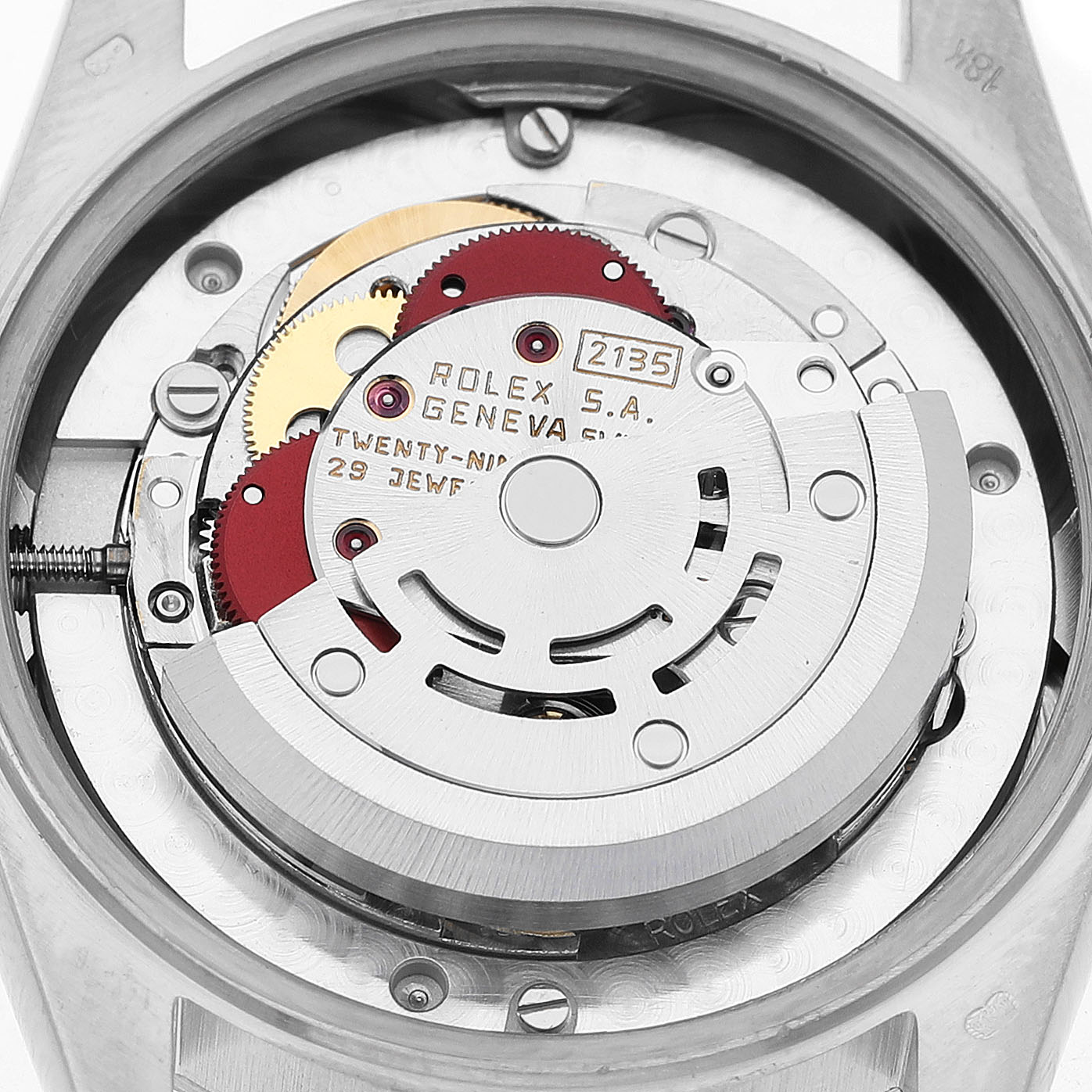 The image shows the movement of a Rolex President 68279 Women's White Gold Silver Dial model from the back, revealing intricate gears and components.