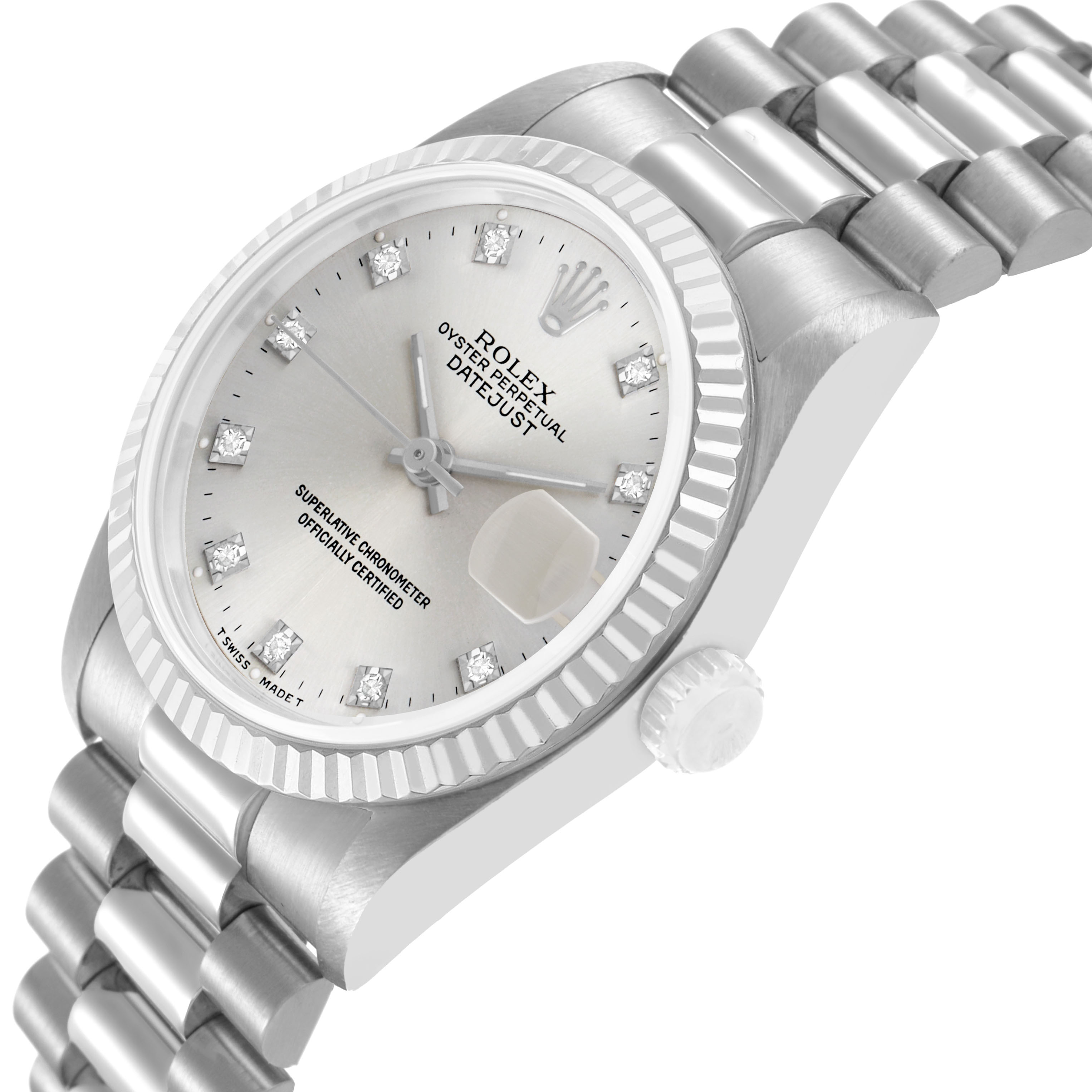 The Rolex President 68279 Women's White Gold Silver Dial model is shown from a three-quarter angle, displaying the dial, bezel, crown, and part of the bracelet.