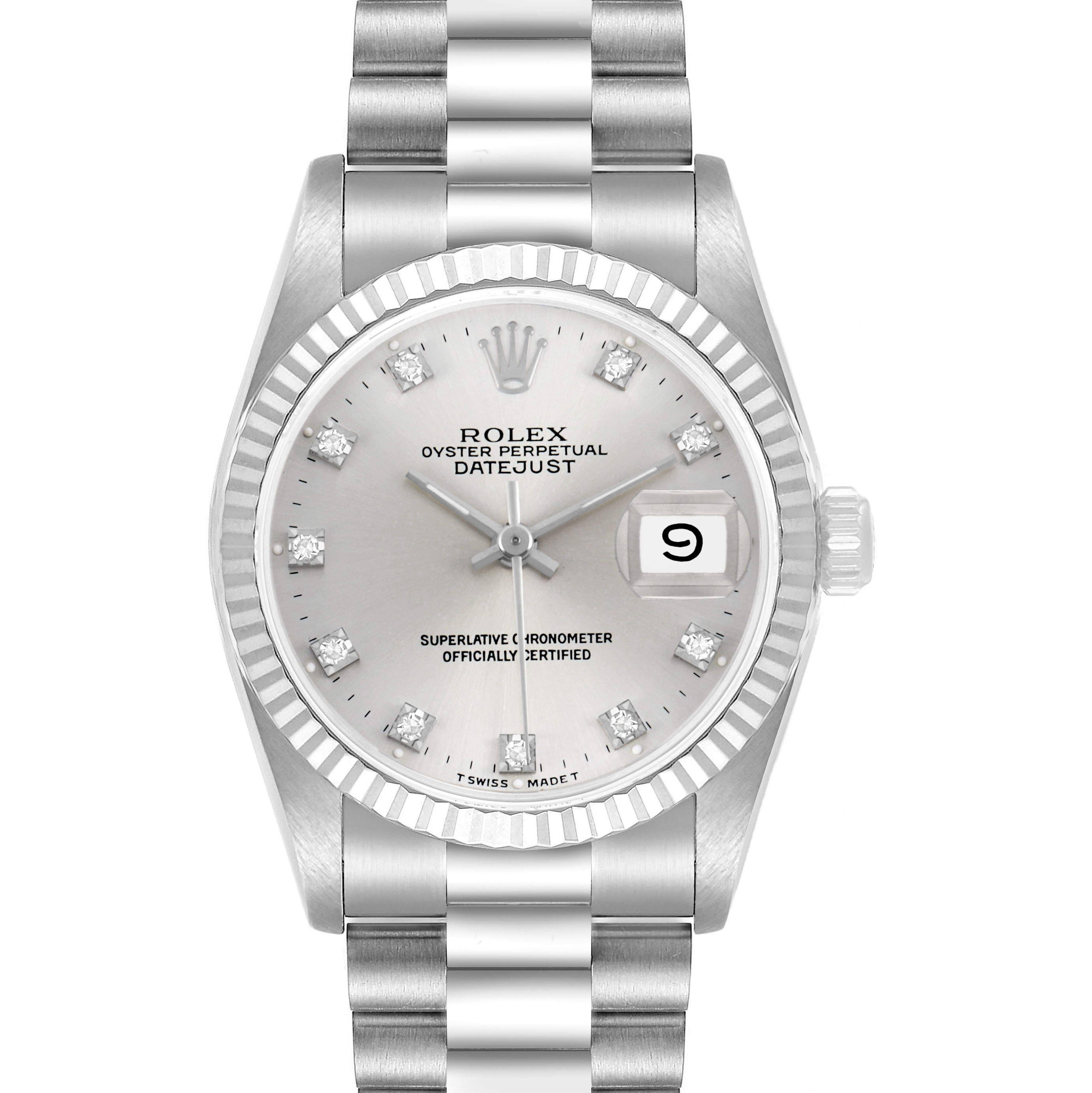 The Rolex President 68279 Women's White Gold Silver Dial model watch is shown from the front, displaying the dial, bezel, date, and bracelet.