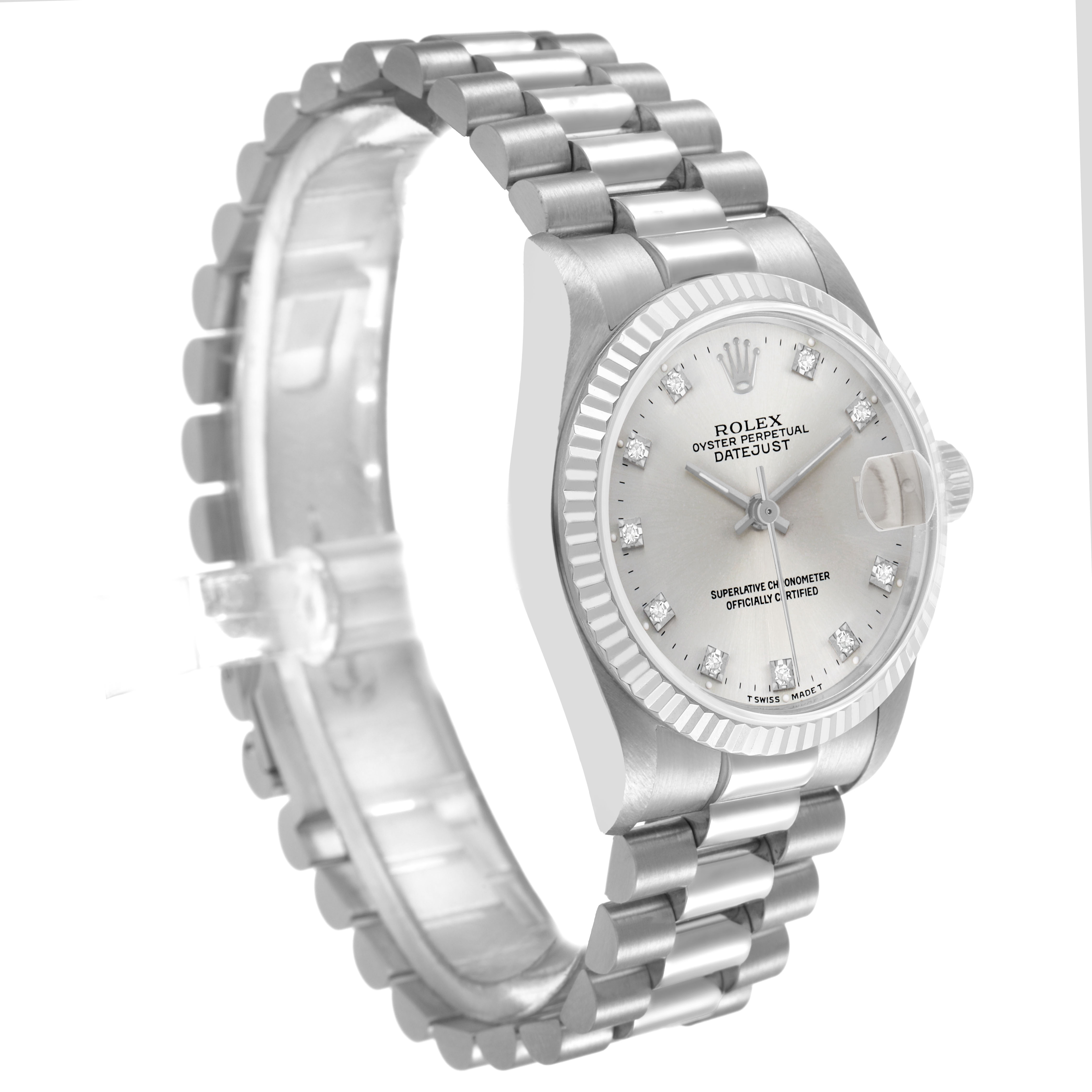 The Rolex President 68279 Women's White Gold Silver Dial model is shown at a three-quarter angle, displaying the bracelet, dial, and fluted bezel.