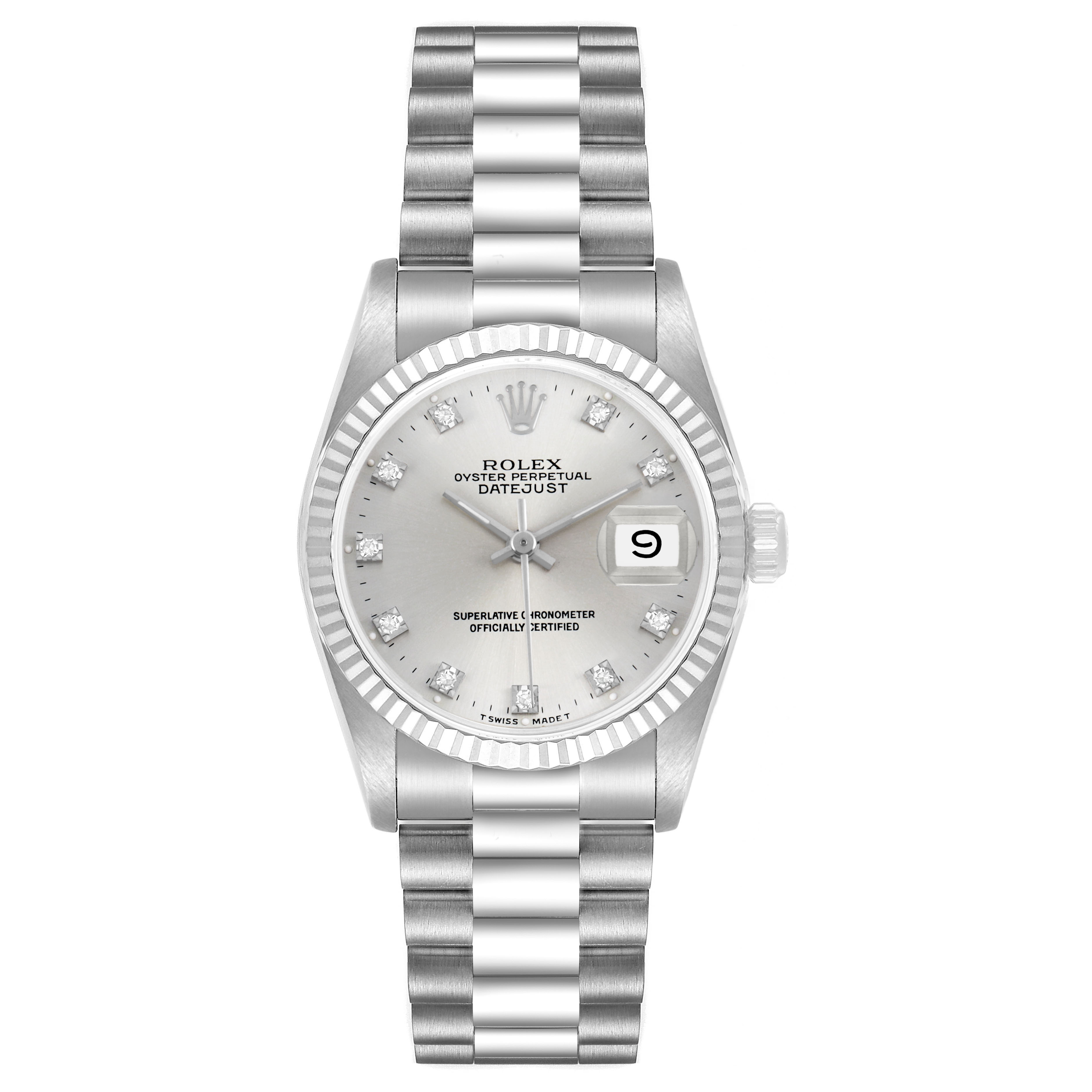 The Rolex President 68279 Women's White Gold Silver Dial model is shown from a frontal angle, highlighting the dial, bezel, and bracelet.
