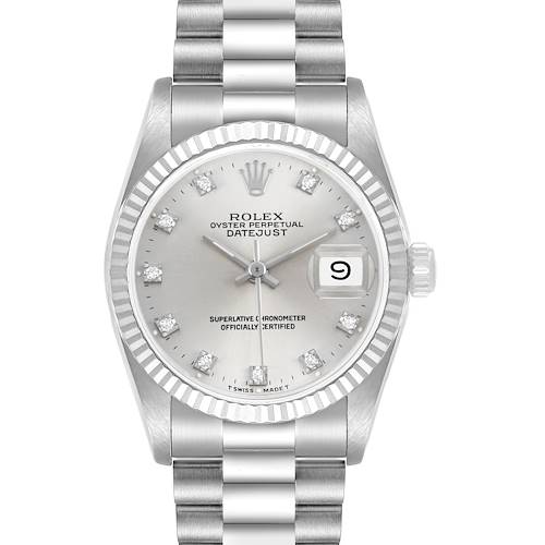 The watch is a Rolex President 68279 Women's White Gold Silver Dial model shown from a front angle, highlighting the dial, bezel, and bracelet.