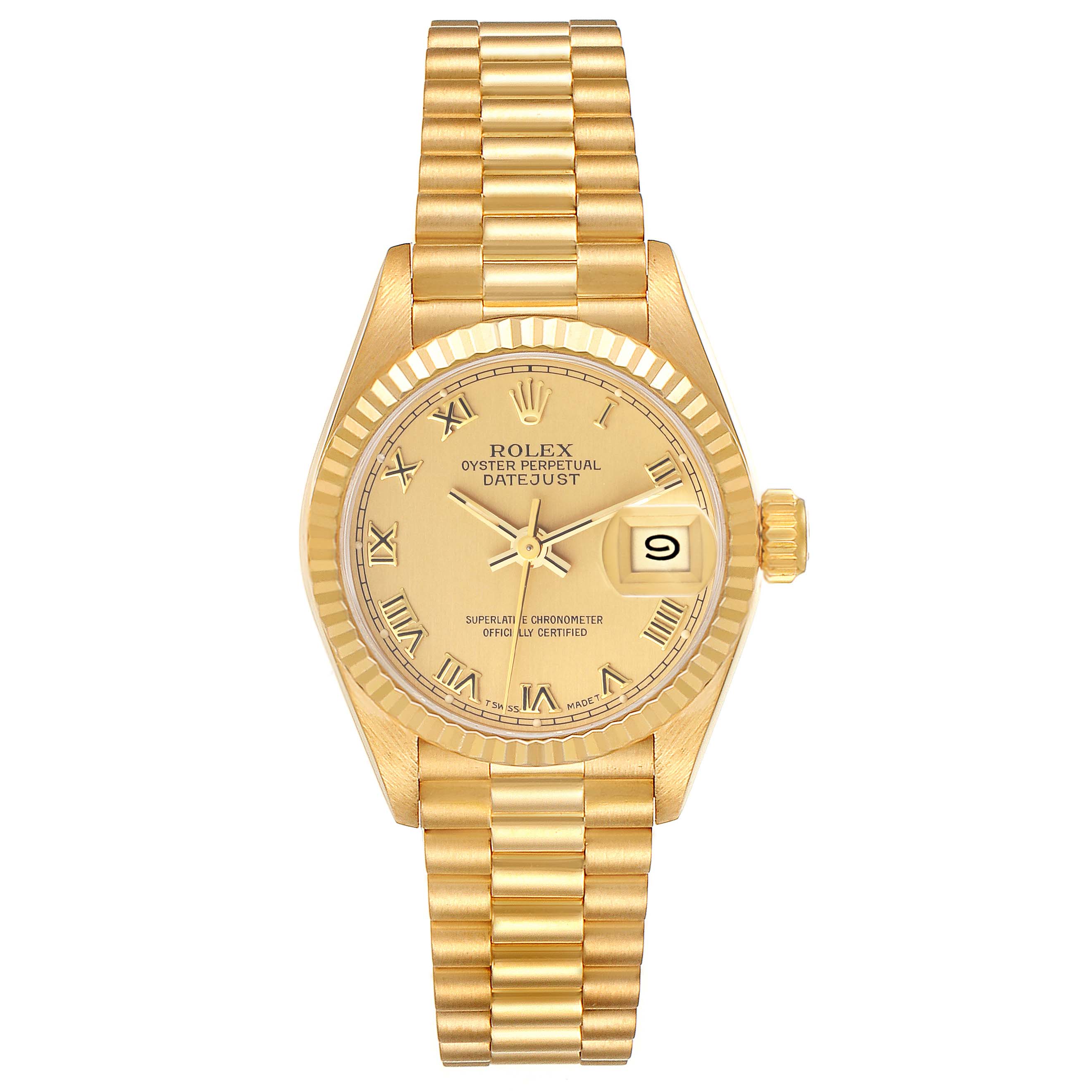 The Rolex President 69178 Women's Yellow Gold Champagne Dial 69178 Women's Yellow Gold Champagne Dial model is shown from above, displaying its gold dial, fluted bezel, and bracelet.