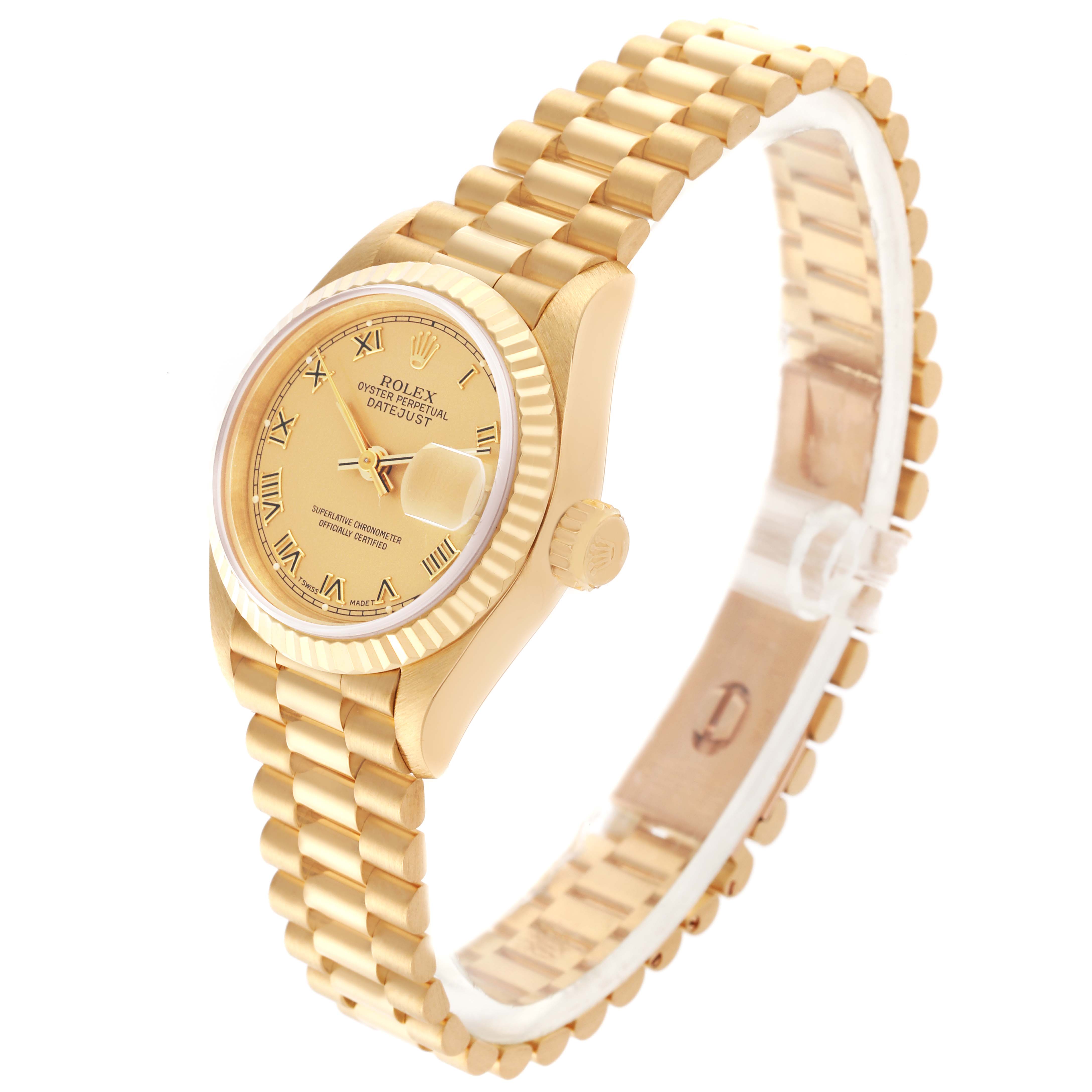 The Rolex President 69178 Women's Yellow Gold Champagne Dial 69178 Women's Yellow Gold Champagne Dial model is shown at a side angle, depicting the gold case, fluted bezel, bracelet, and crown.