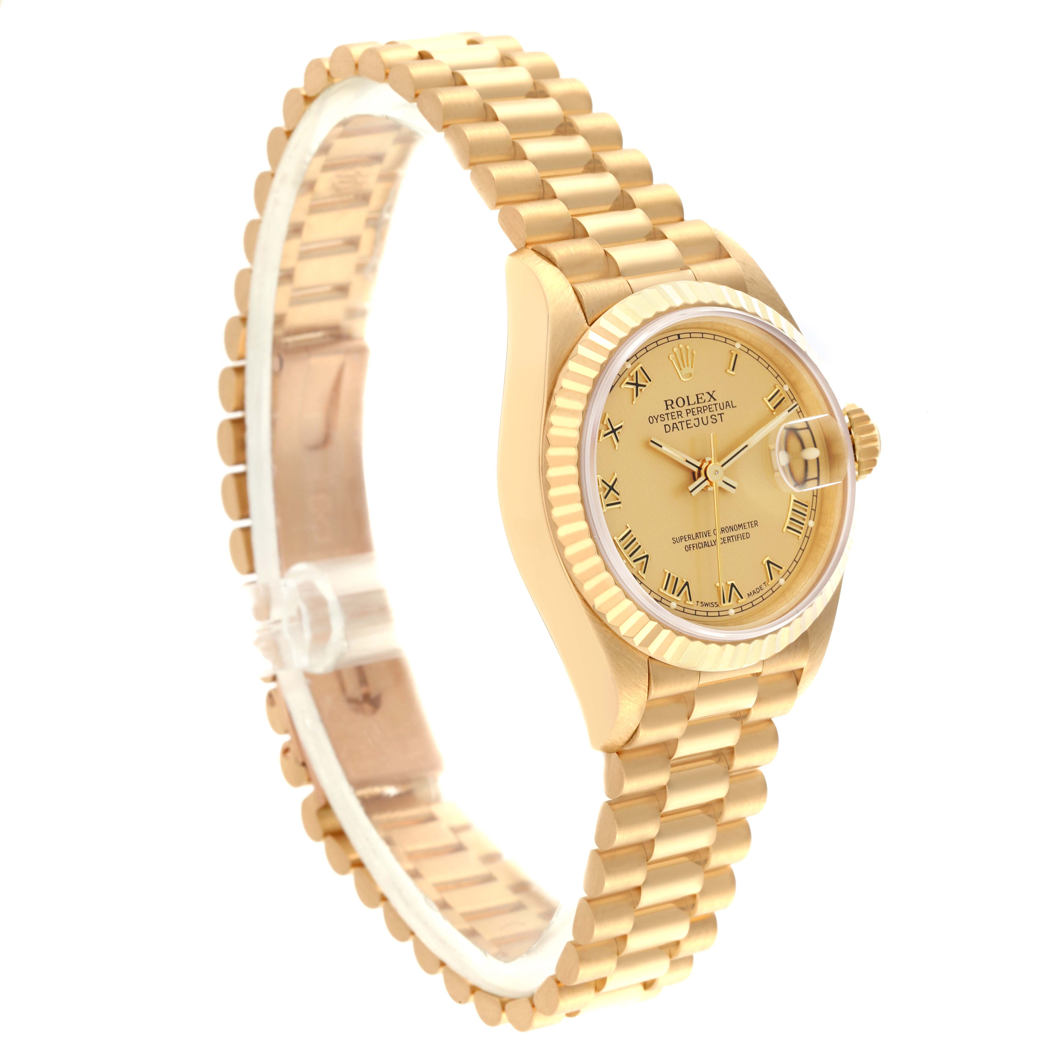 The Rolex President 69178 Women's Yellow Gold Champagne Dial 69178 Women's Yellow Gold Champagne Dial model is shown at a side angle with focus on the gold case, bracelet, and watch face.