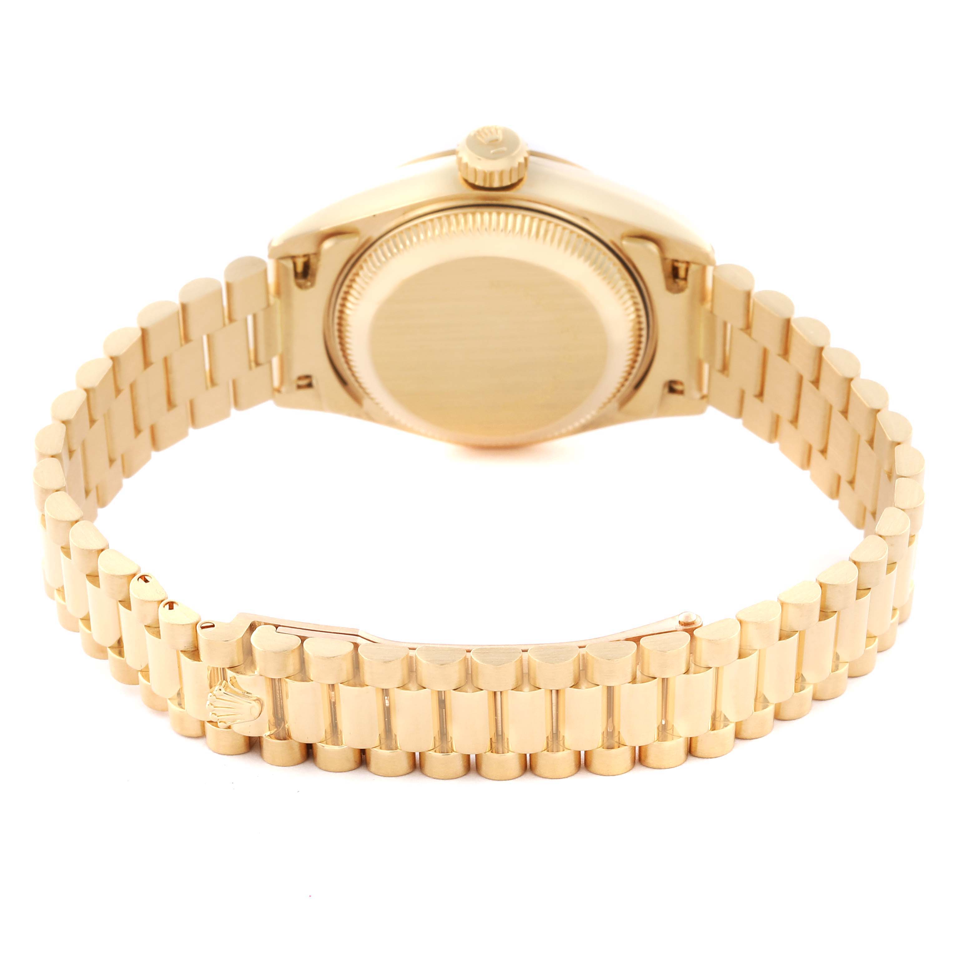 The Rolex President 69178 Women's Yellow Gold Champagne Dial 69178 Women's Yellow Gold Champagne Dial model is shown from the rear, highlighting the case back and bracelet.
