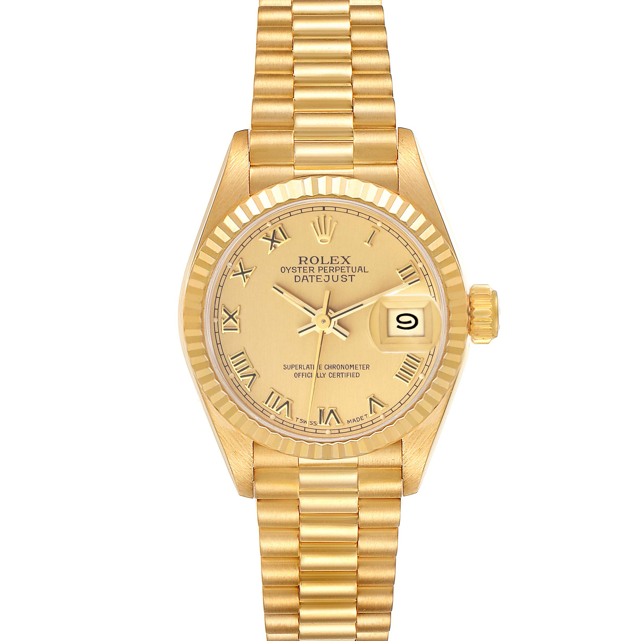 The image shows a front view of the Rolex President 69178 Women's Yellow Gold Champagne Dial 69178 Women's Yellow Gold Champagne Dial model, displaying the dial, bezel, and bracelet.