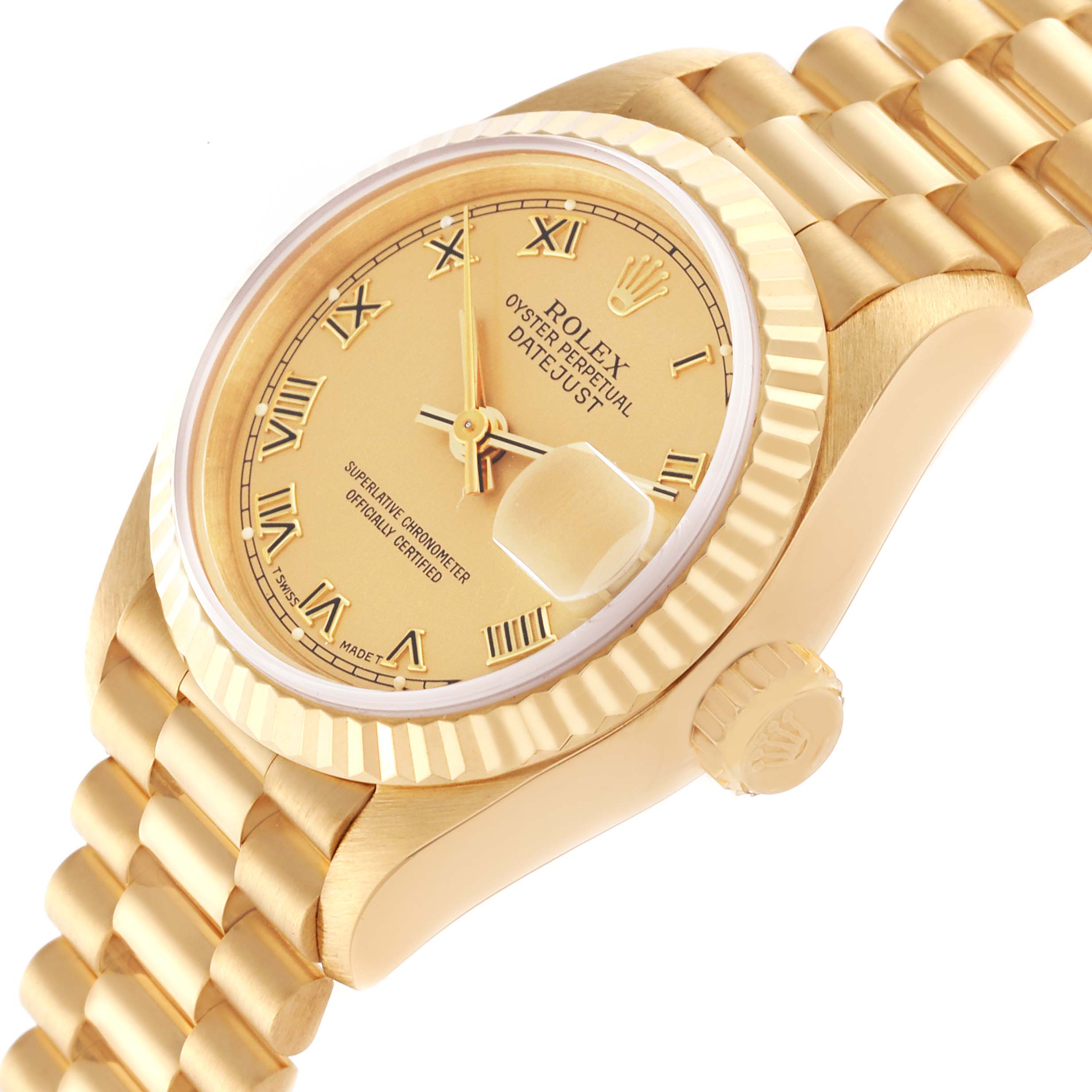 The Rolex President 69178 Women's Yellow Gold Champagne Dial 69178 Women's Yellow Gold Champagne Dial model watch is shown at a side angle, displaying the dial, bezel, crown, and part of the bracelet.
