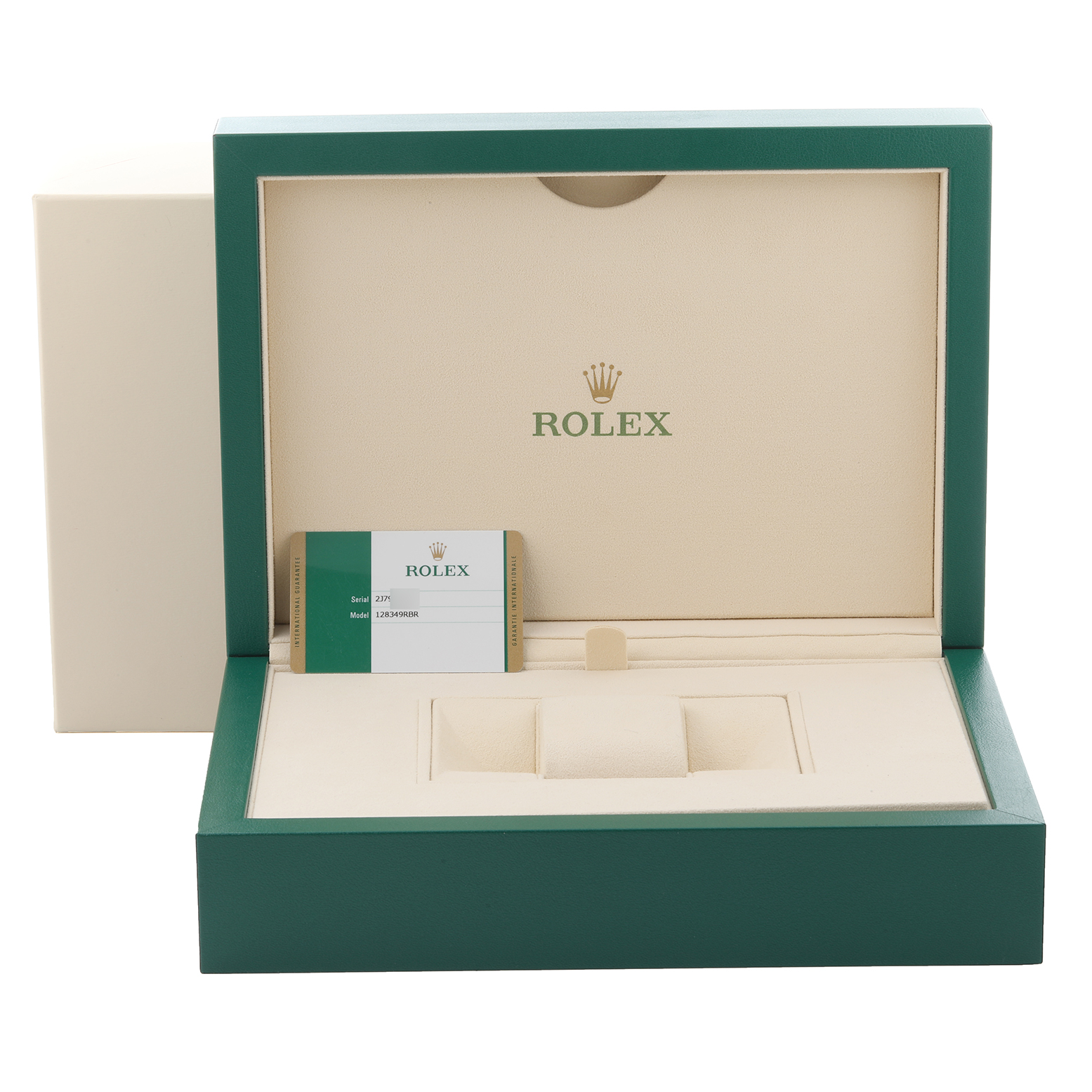 The image shows an open box for the Rolex President 128349 Men
s White Gold Blue Dial 128349 Men
s White Gold Blue Dial model, including its case and card.