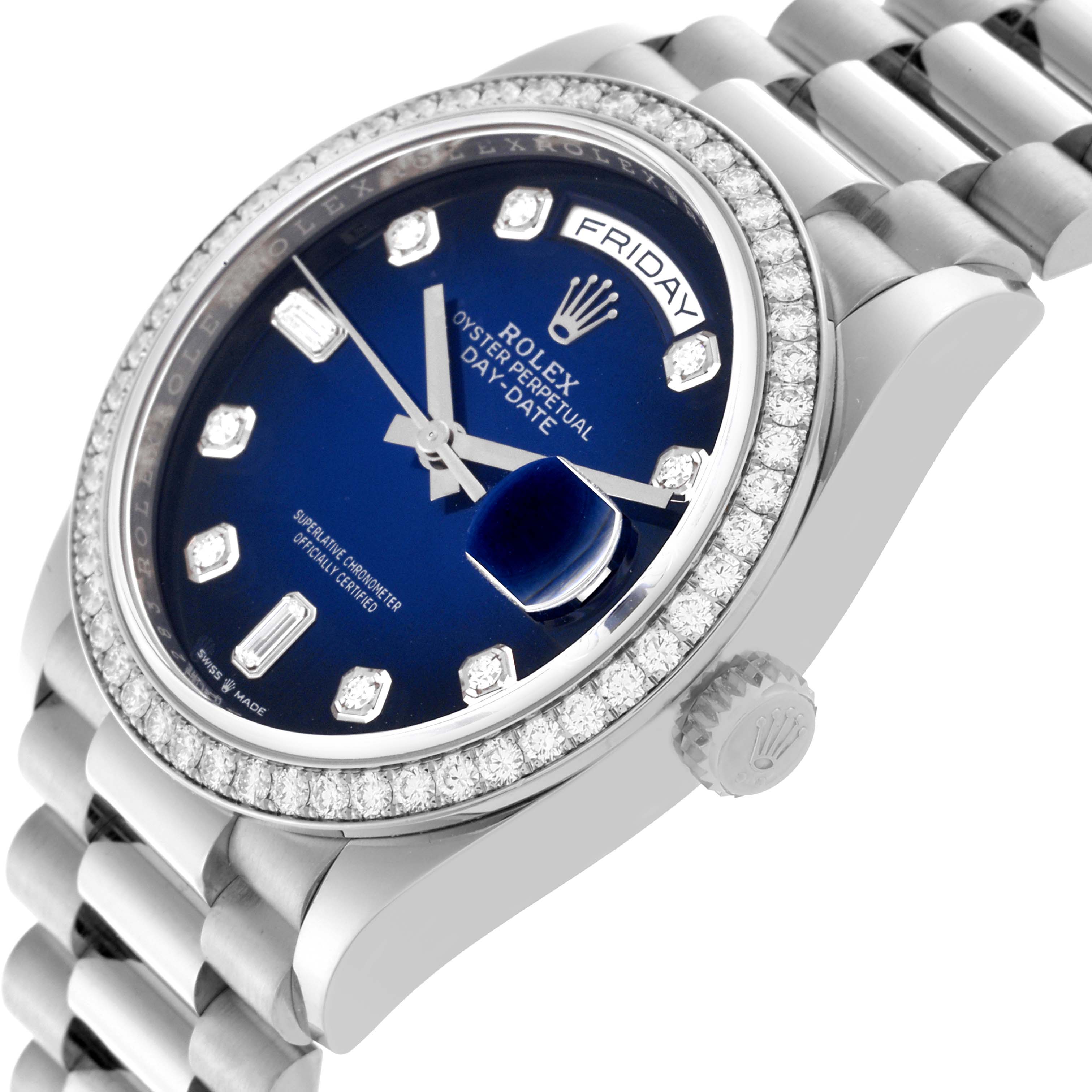 The Rolex President 128349 Men
s White Gold Blue Dial 128349 Men
s White Gold Blue Dial model is shown at an angled view, highlighting the dial, bezel with diamonds, and the bracelet.