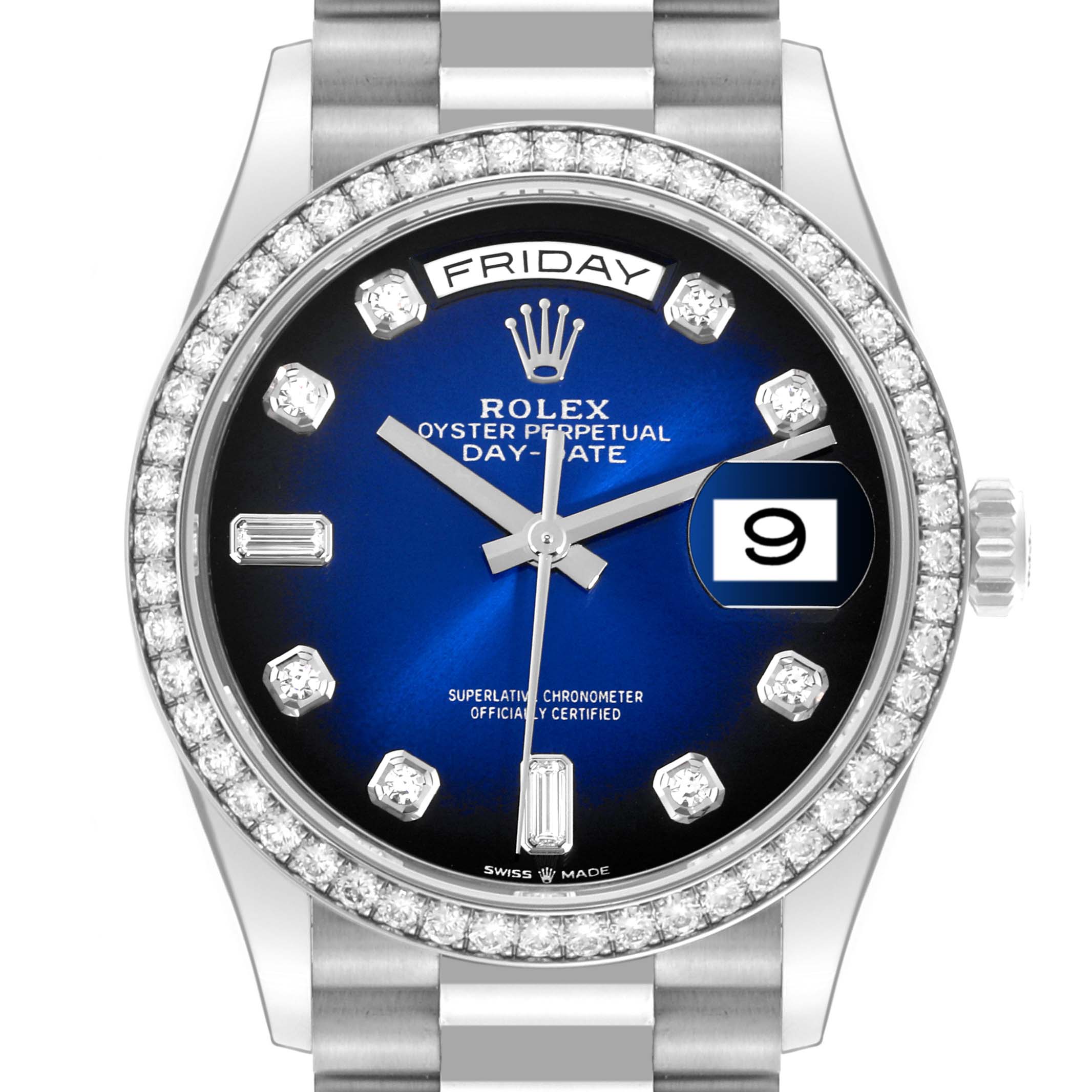 The image shows a Rolex President 128349 Men
s White Gold Blue Dial 128349 Men
s White Gold Blue Dial watch from a front angle, highlighting the dial, bezel, and part of the bracelet.