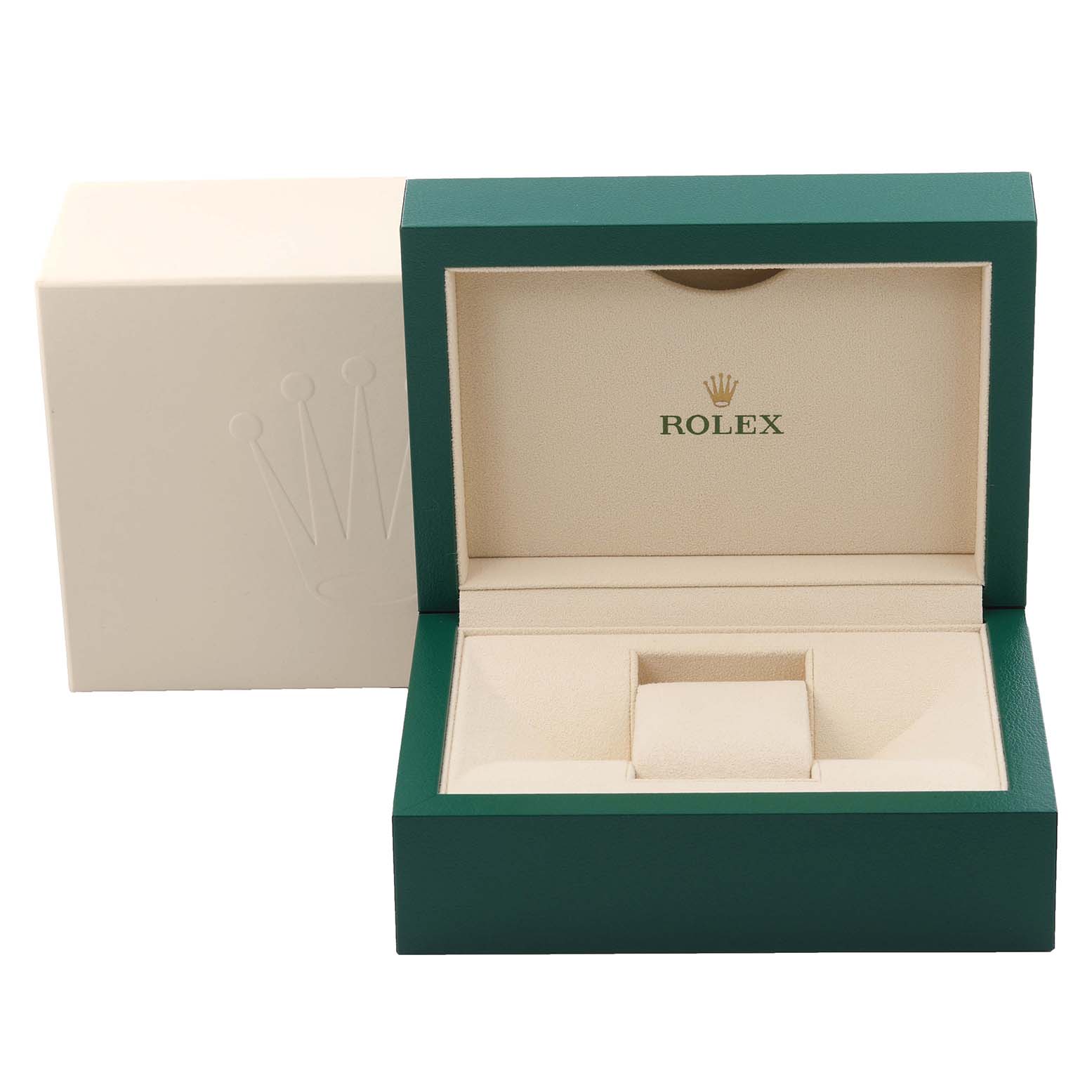 The image shows an open Rolex President 118135 Men
s Rose Gold Brown Dial 118135 Men
s Rose Gold Brown Dial model watch box with the brand logo inside.