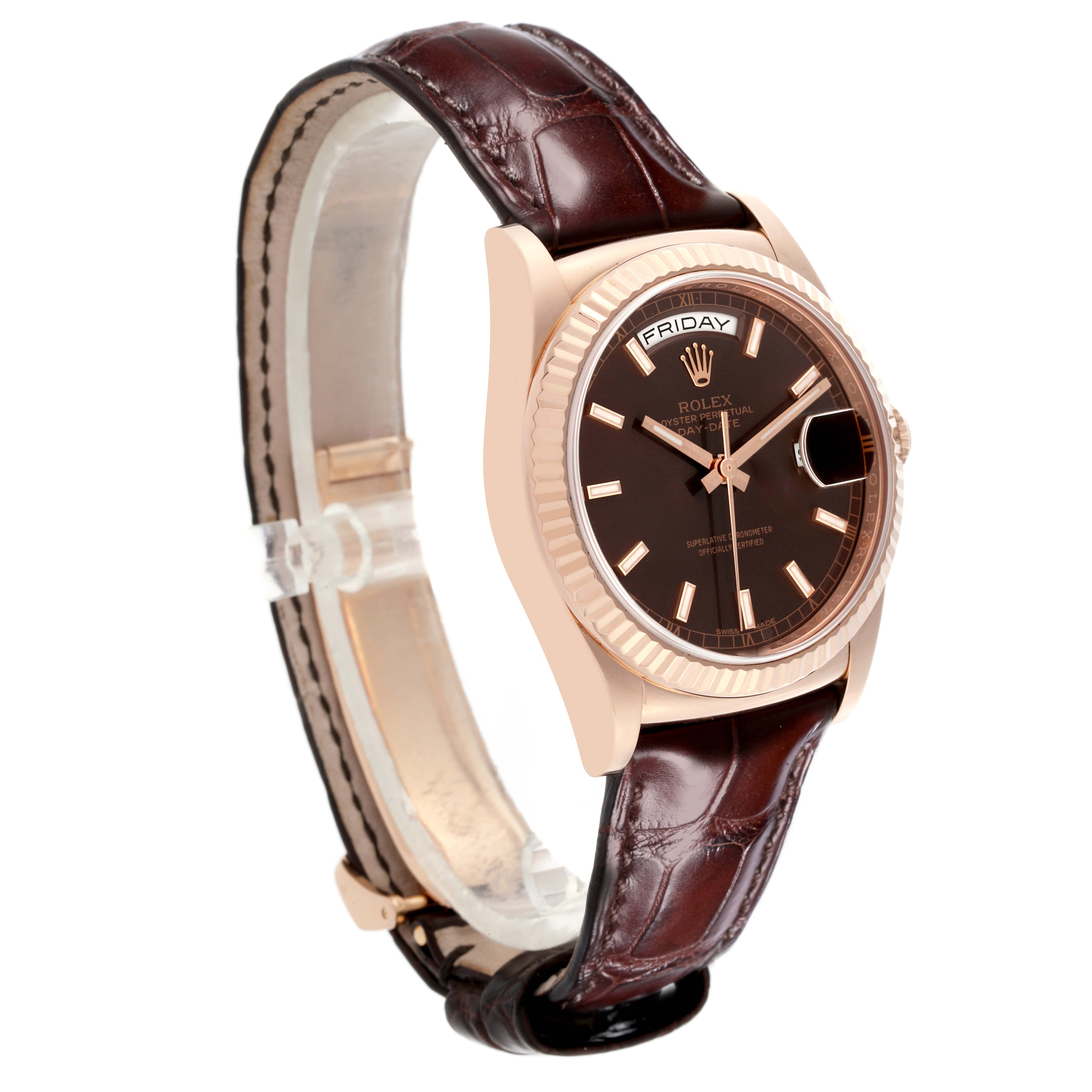 The Rolex President 118135 Men
s Rose Gold Brown Dial 118135 Men
s Rose Gold Brown Dial model is shown at a slight angle, featuring its case, face, leather strap, and crown.