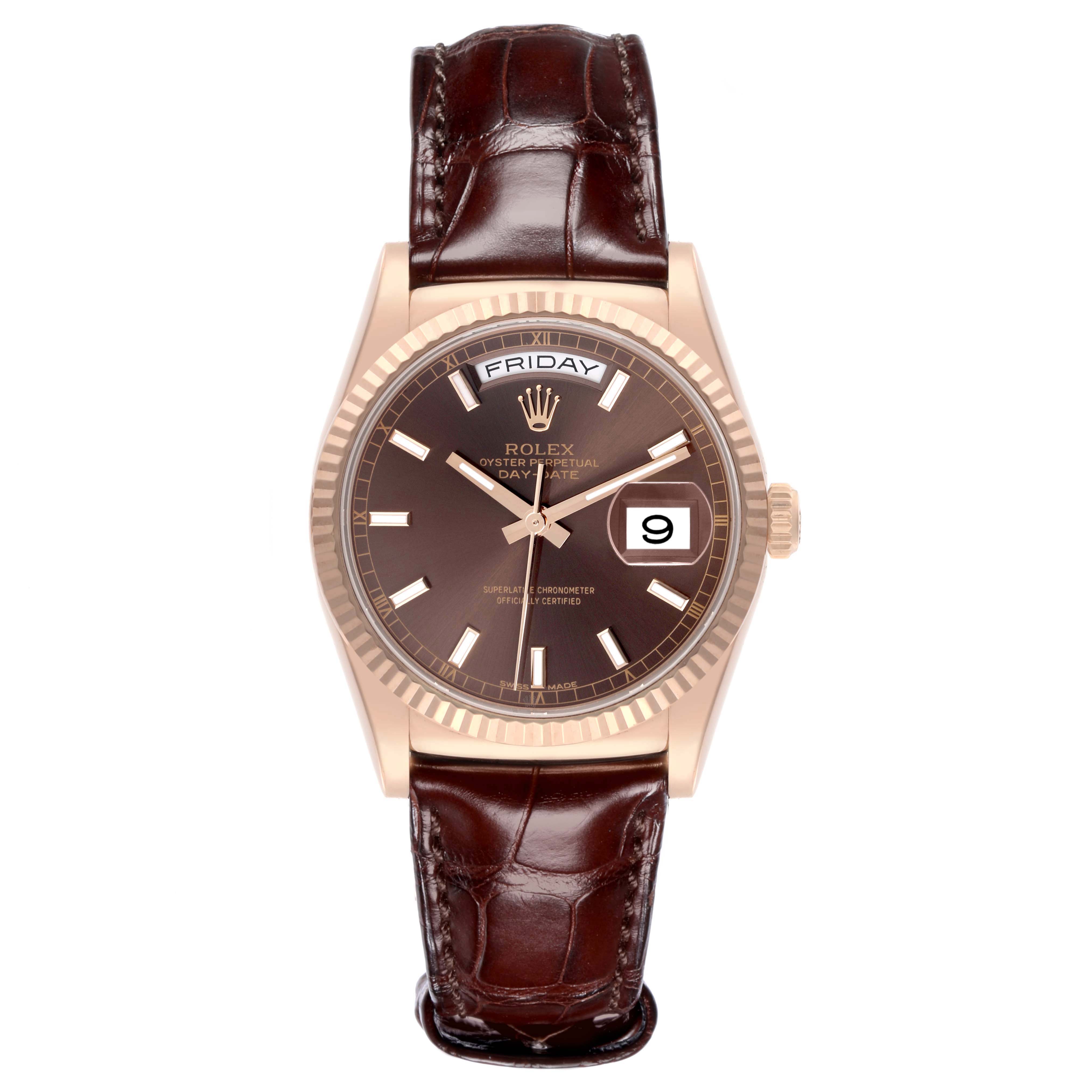 The Rolex President 118135 Men
s Rose Gold Brown Dial 118135 Men
s Rose Gold Brown Dial model is shown from the front, displaying its dial, bezel, and a leather strap.