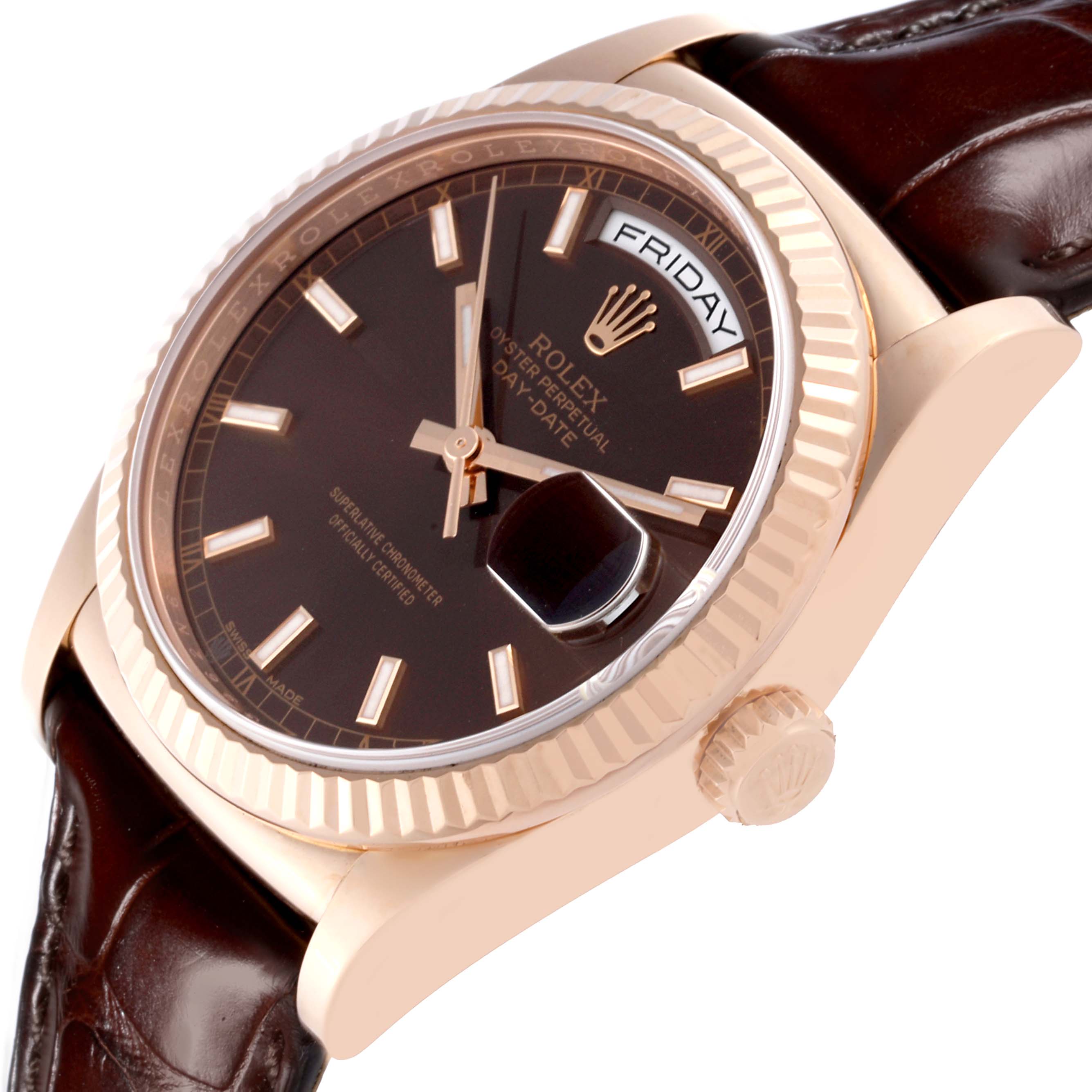 The Rolex President 118135 Men
s Rose Gold Brown Dial 118135 Men
s Rose Gold Brown Dial watch is shown at an angle highlighting the dial, fluted bezel, crown, and part of the leather strap.