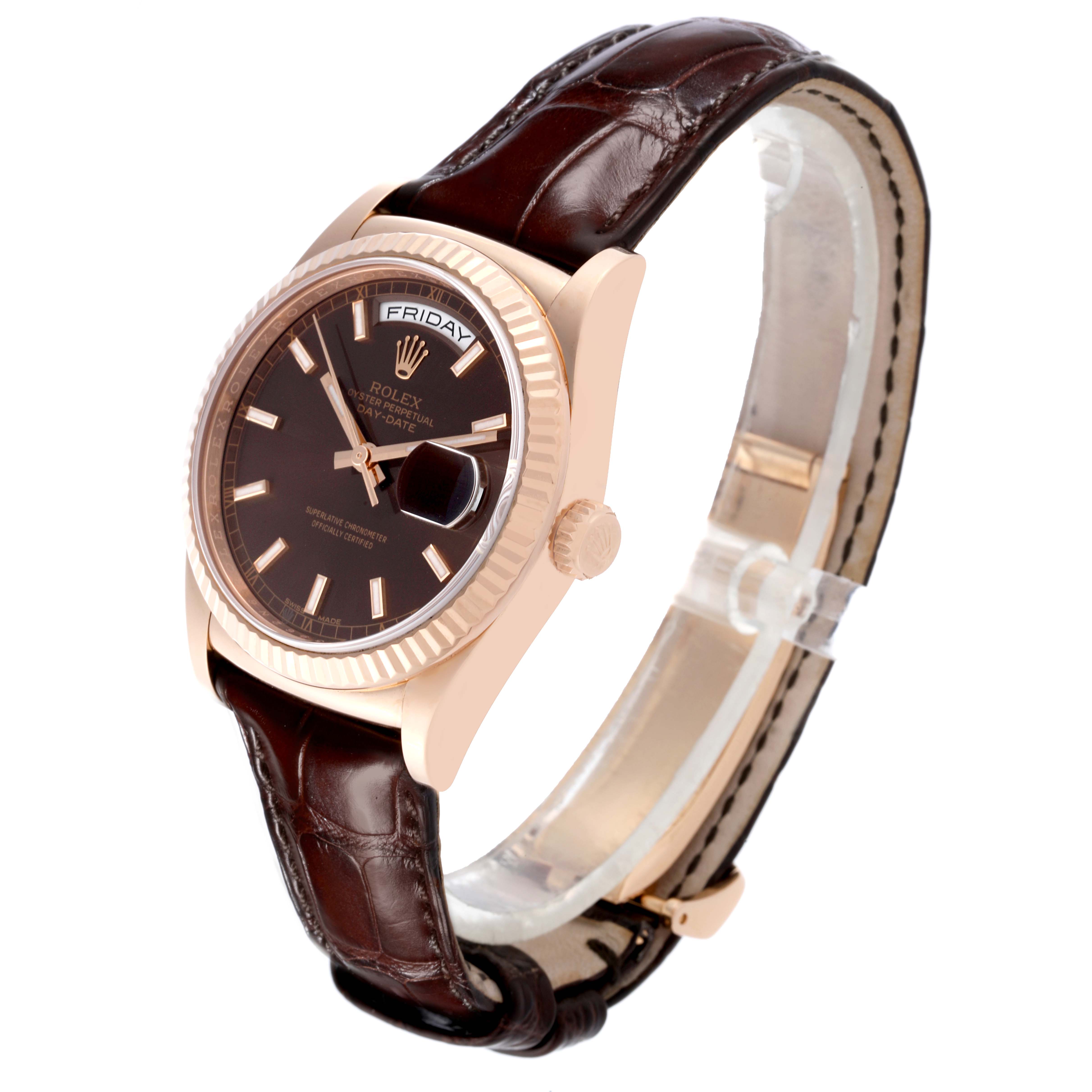 The Rolex President 118135 Men
s Rose Gold Brown Dial 118135 Men
s Rose Gold Brown Dial model is shown at a three-quarter angle, highlighting the dial, bezel, crown, and leather strap.