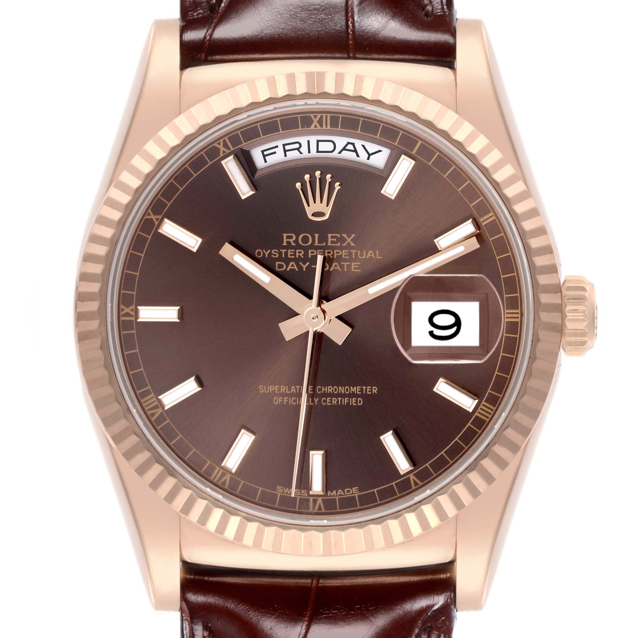 The image shows a front view of a Rolex President 118135 Men
s Rose Gold Brown Dial 118135 Men
s Rose Gold Brown Dial model watch, displaying the dial, day, date, and bezel.