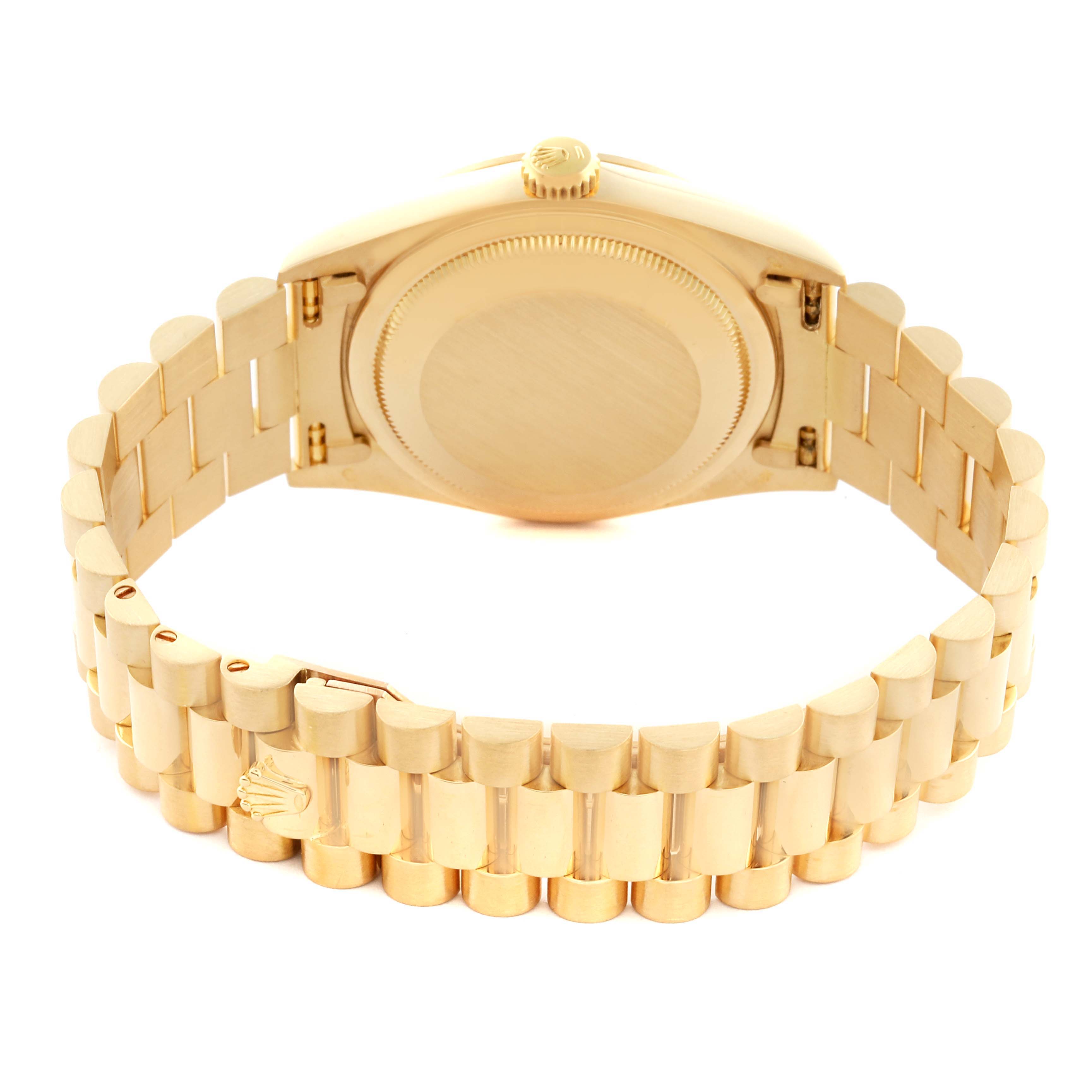The image shows the back and bracelet of a Rolex President 18238 Men's Yellow Gold Champagne Dial 18238 Men's Yellow Gold Champagne Dial model, highlighting the clasp and caseback.