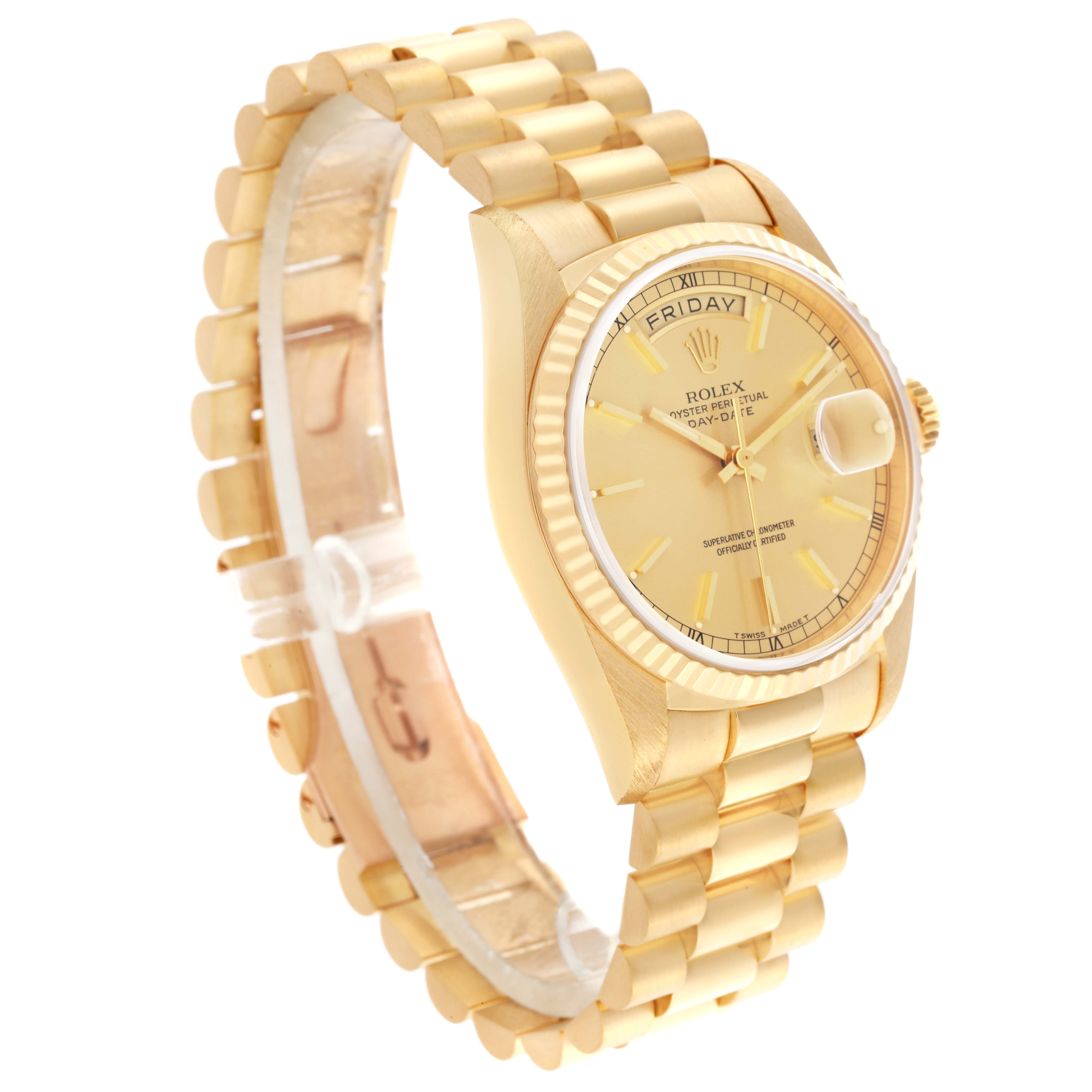 The Rolex President 18238 Men's Yellow Gold Champagne Dial 18238 Men's Yellow Gold Champagne Dial model is shown at an angle highlighting the dial, bezel, and part of the bracelet.