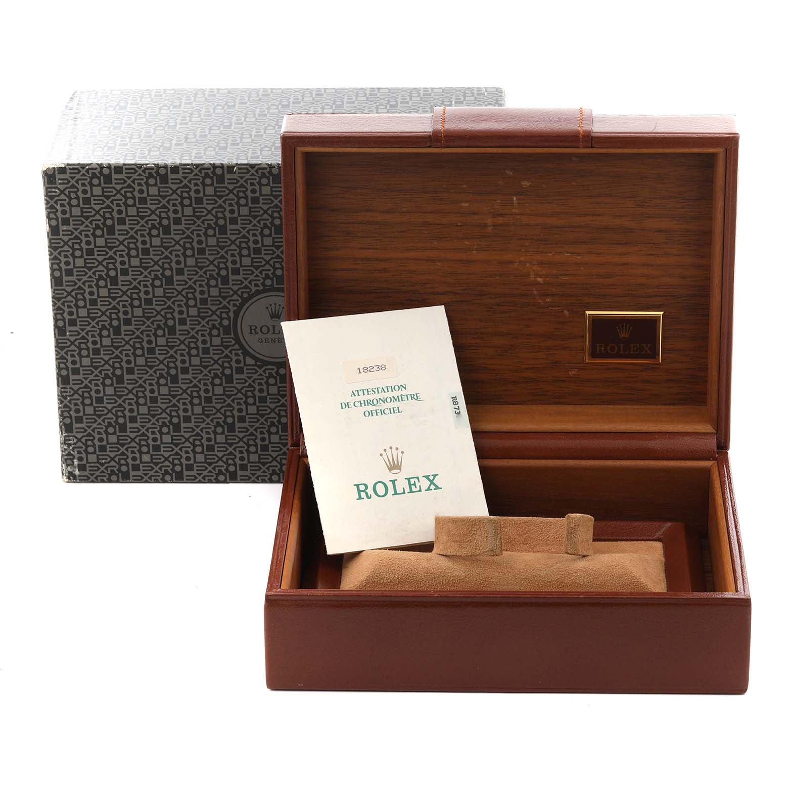 The image shows a Rolex President 18238 Men's Yellow Gold Champagne Dial 18238 Men's Yellow Gold Champagne Dial model box and certificate, with the box open to display the interior.