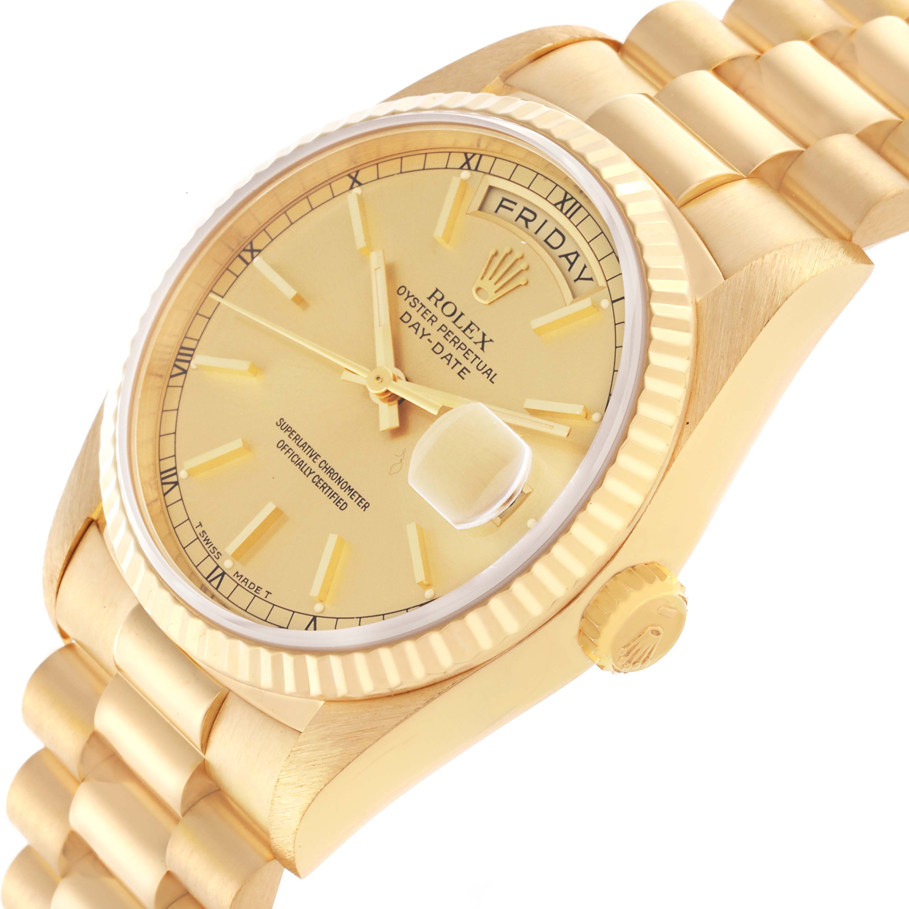 The Rolex President 18238 Men's Yellow Gold Champagne Dial 18238 Men's Yellow Gold Champagne Dial model is shown from a three-quarter view, highlighting the dial, case, bezel, crown, and part of the bracelet.