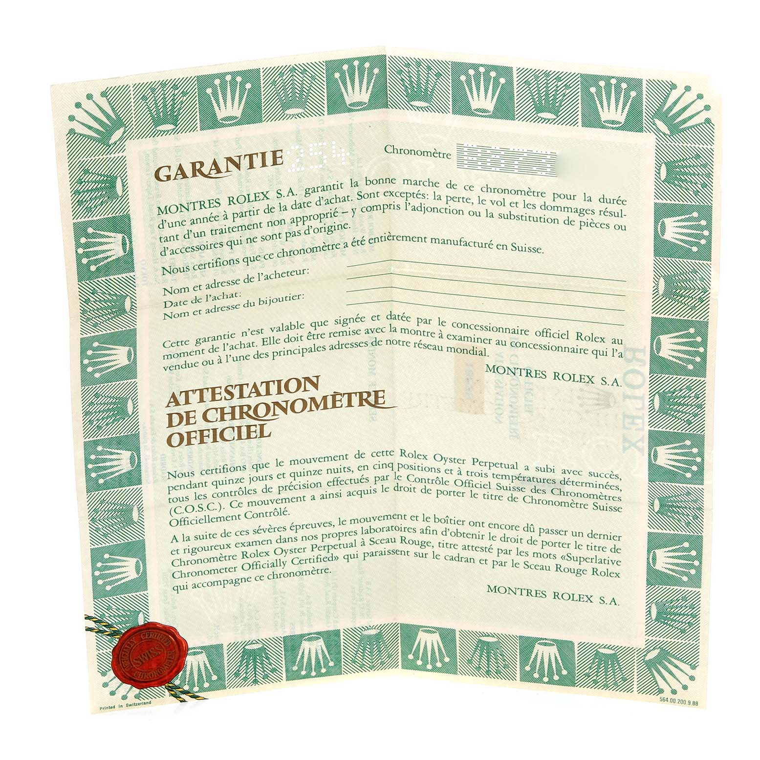 The image shows an official document for the Rolex President 18238 Men's Yellow Gold Champagne Dial 18238 Men's Yellow Gold Champagne Dial model, highlighting guarantee and chronometer certification.